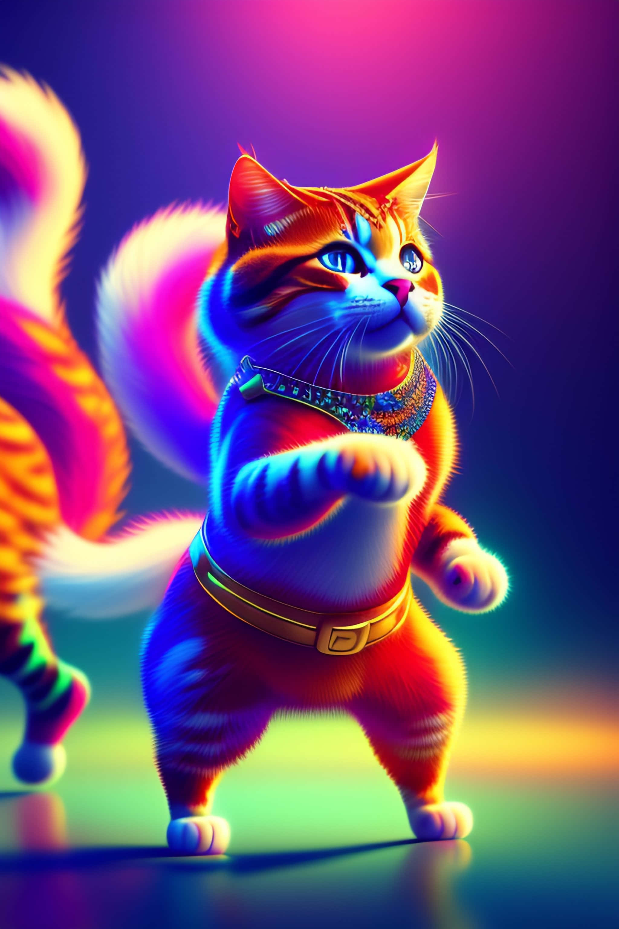 Dancing Cat 桌布 壁紙 — 一隻風格化的貓以動態姿勢，在霓虹燈下戴著鑲有寶石的項圈和腰帶，尾巴發光。