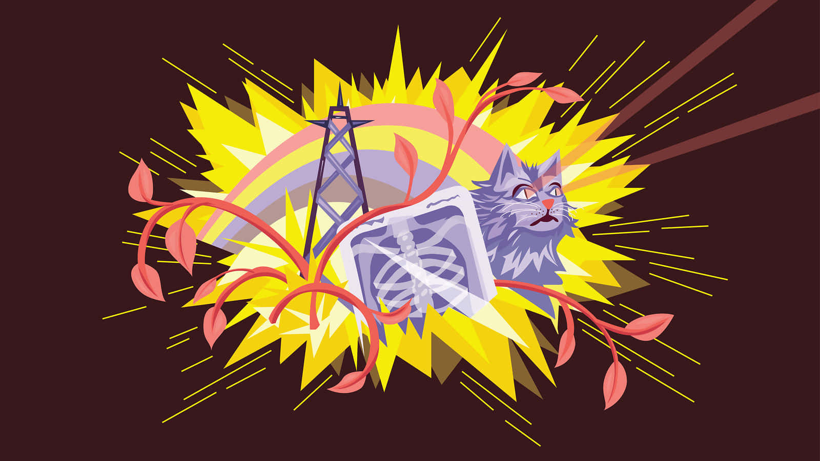 Illustration 桌布 壁紙 — 一隻風格化的貓咪，眼睛發光，從黃色能量爆發中出現，旁邊有電線塔和紅色藤蔓。