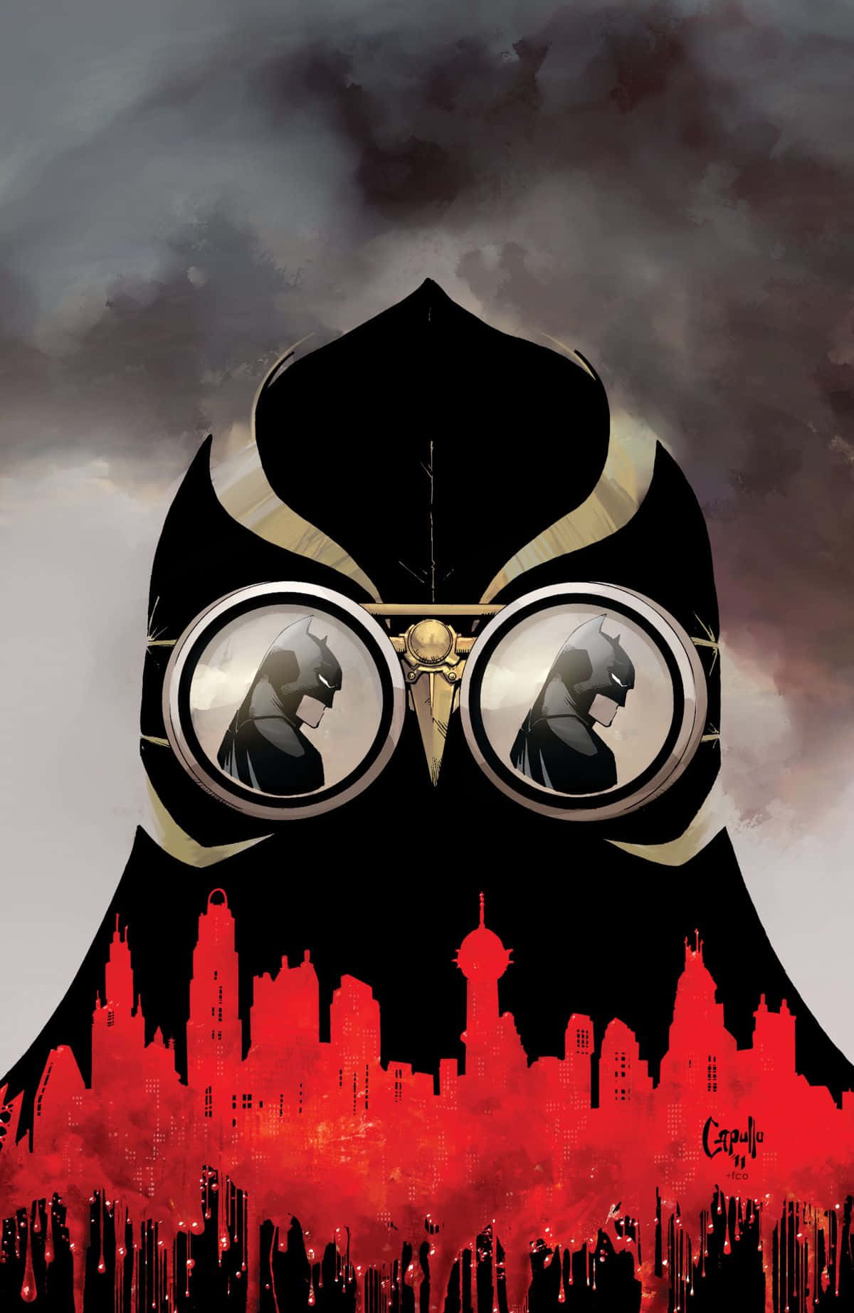The Court Of Owls 桌布 壁紙 — 一隻風格化的貓頭鷹，眼中反射出蝙蝠俠的影子，俯瞰著暴風雨灰天下火紅的城市景觀。
