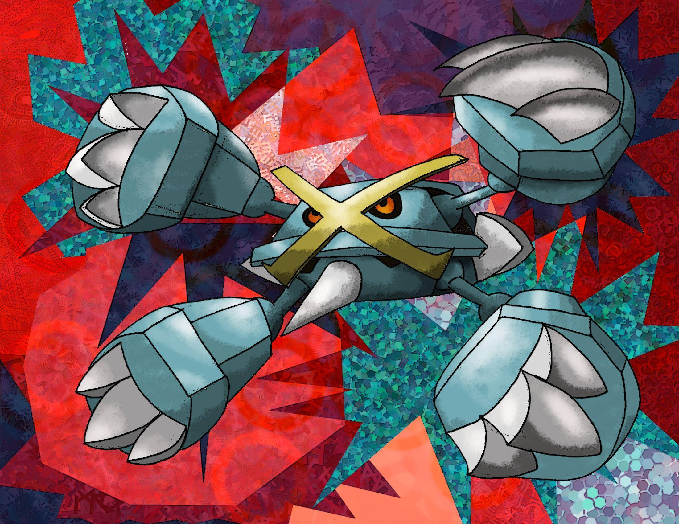Metagross 桌布 壁紙 — 一隻風格化的金屬蟹寶可夢，擁有發光的橙色眼睛和尖刺爪子，在充滿活力的紅色和藍綠色星爆背景下爆發。