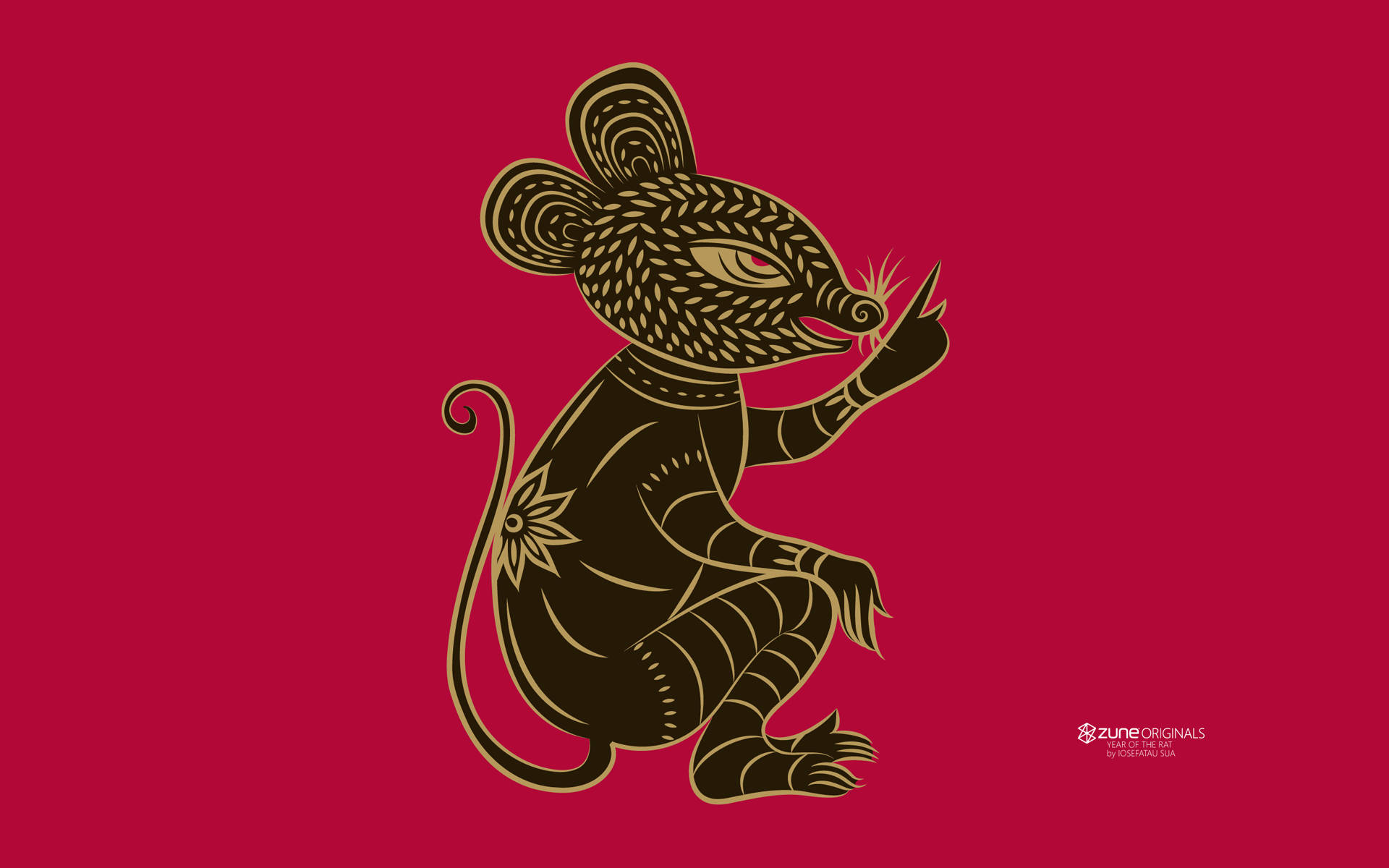 Rat 桌布 壁紙 — 一隻風格化的金色老鼠，帶有複雜圖案，優雅地坐在大膽的紅色背景上。