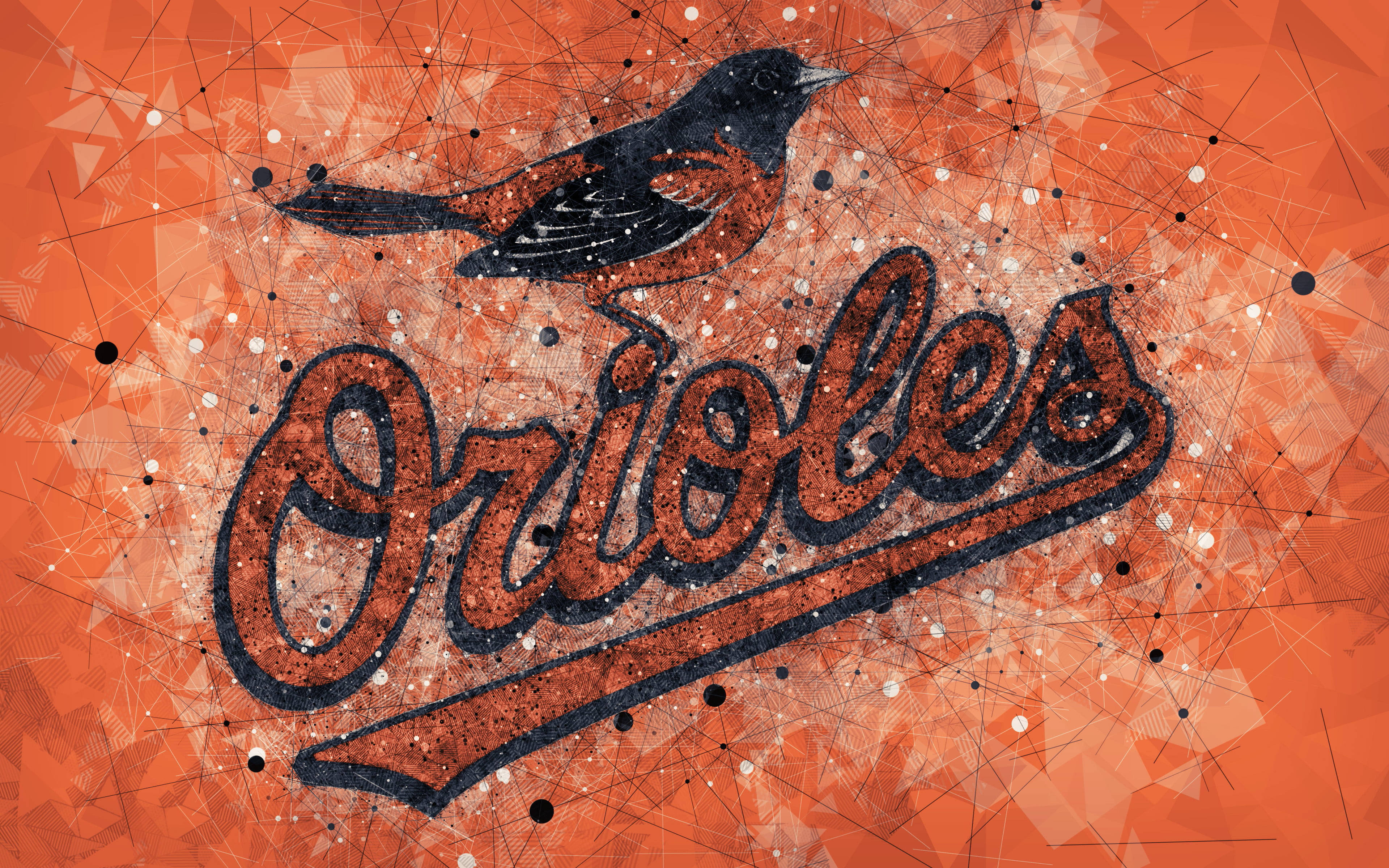 Orioles 桌布 壁紙 — 一隻風格化的金鶯鳥棲息在粗體字「Orioles」上方，背景為帶有幾何圖案和斑點的紋理橙色背景。