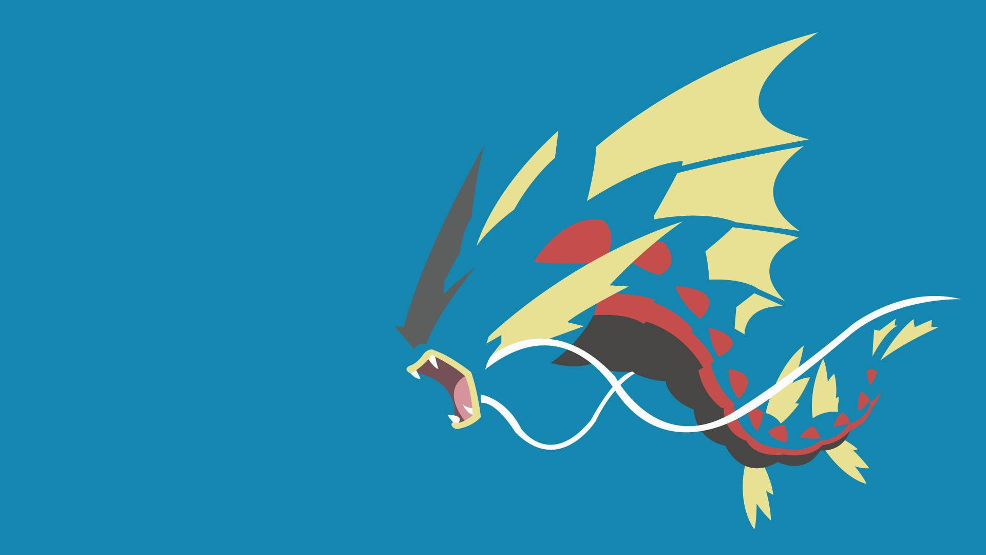 Gyarados 桌布 壁紙 — 一隻風格化的電龍，黃色翅膀和紅色點綴，在純藍色背景上咆哮。