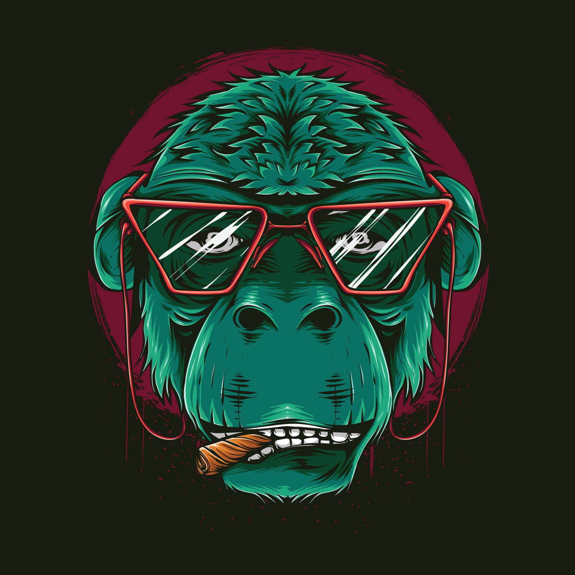 Cool Profile 桌布 壁紙 — 一隻風格化的青綠色大猩猩，戴著紅色太陽眼鏡，在深酒紅色圓形背景前抽雪茄。