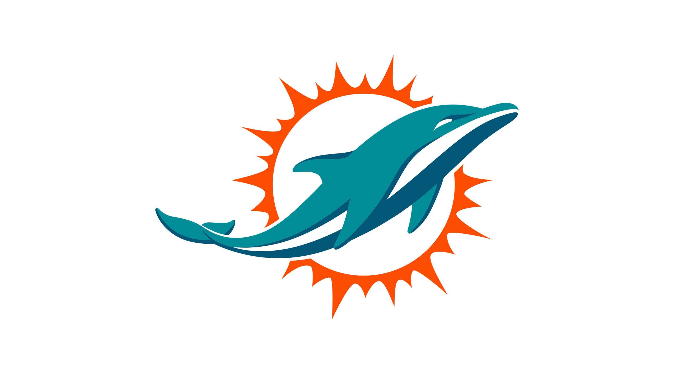 dolphins 桌布 壁紙 — 一隻風格化的青綠色海豚在橙色尖刺太陽光輝標誌內優雅躍起，背景為純白色。