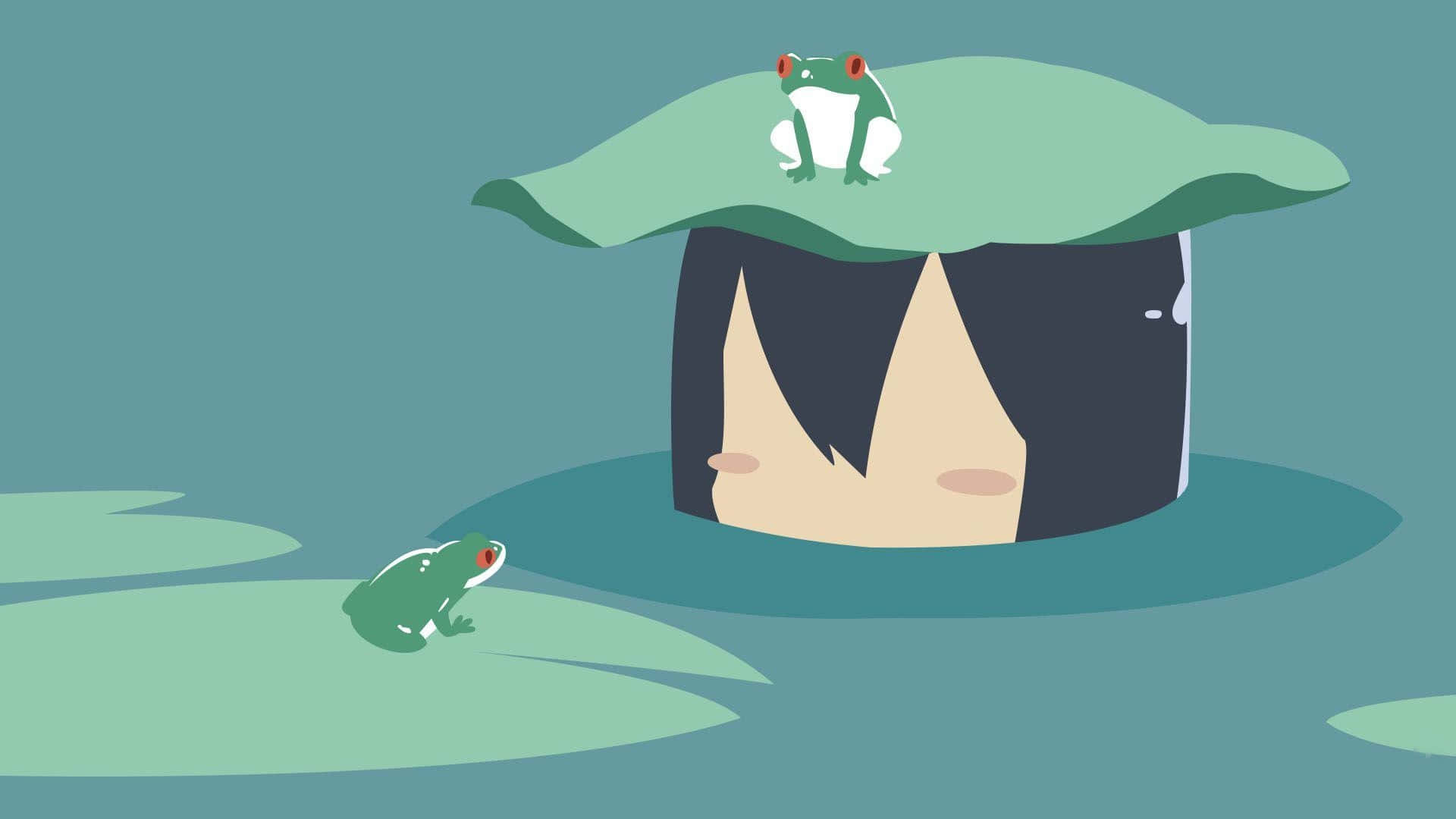 Tsuyu Asui 桌布 壁紙 — 一隻風格化的青蛙坐在睡蓮葉上，下方是平靜的藍綠色水中一個人的頭部。