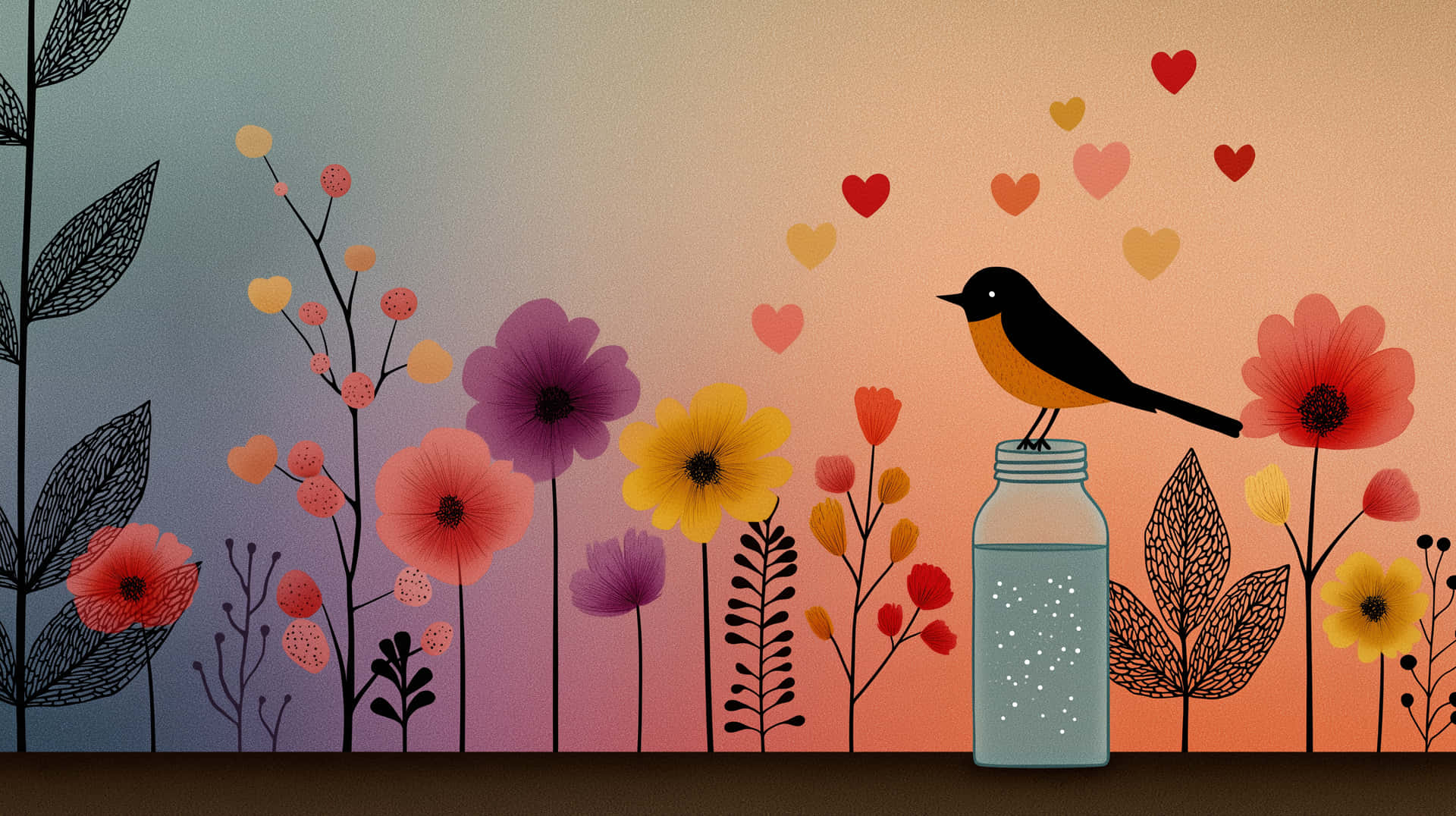 Whimsical Bird and Floral Doodle on Soft Gradient 壁紙 — 一隻風格化的鳥棲息在玻璃罐上，周圍是色彩繽紛的花朵和漂浮的心形，背景是漸變的天空。