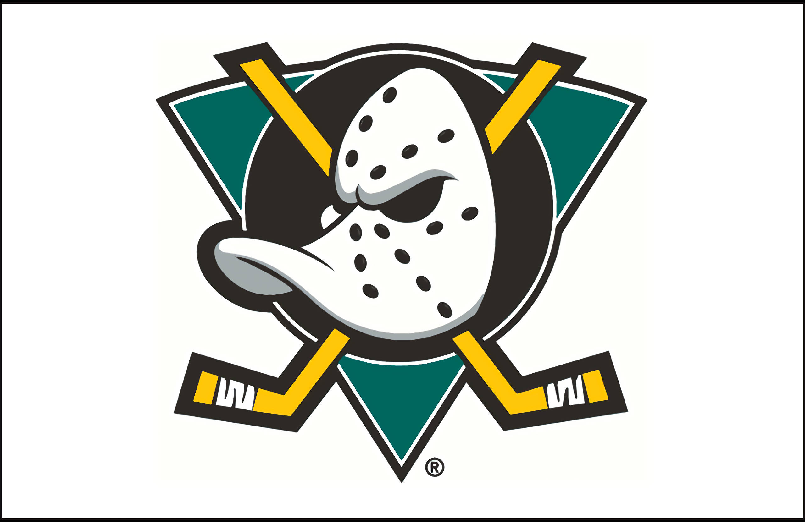 ducks 桌布 壁紙 — 一隻風格化的鴨子戴著守門員面具，交叉的曲棍球棒形成星形徽章。
