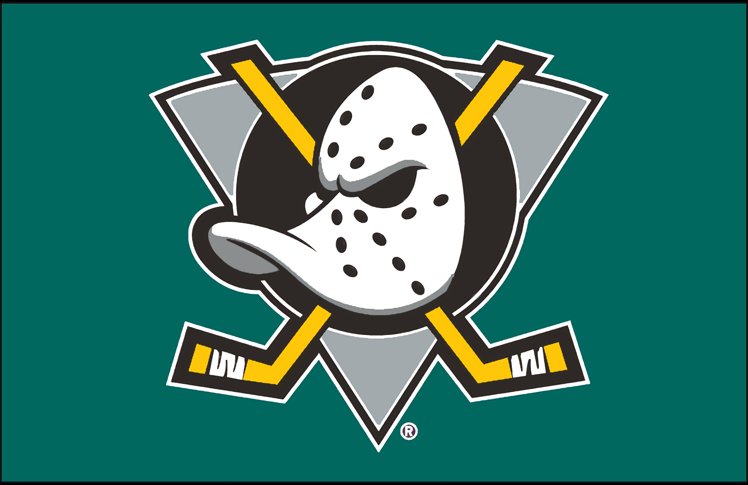 ducks 桌布 壁紙 — 一隻風格化的鴨子戴著守門員面具，交叉的曲棍球棒在青綠色背景上。