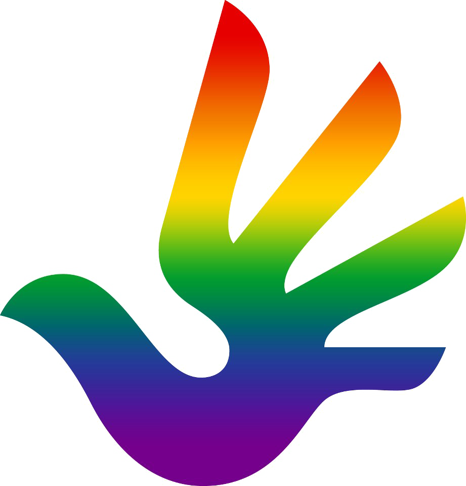 LGBT 桌布 壁紙 — 一隻風格化的鴿子，帶有彩虹漸變翅膀，象徵和平與多元，背景為白色。