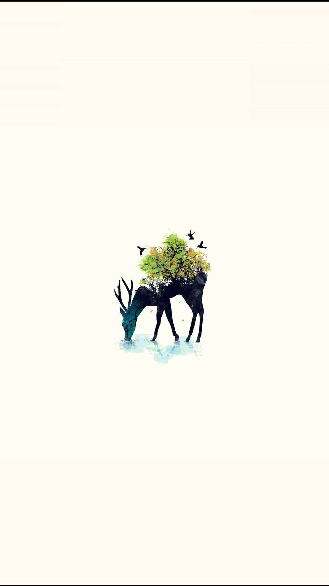 Cute Minimalist 桌布 壁紙 — 一隻風格化的鹿，背上長著一棵充滿活力的綠樹，站在淺水中，鳥兒在上空飛翔。