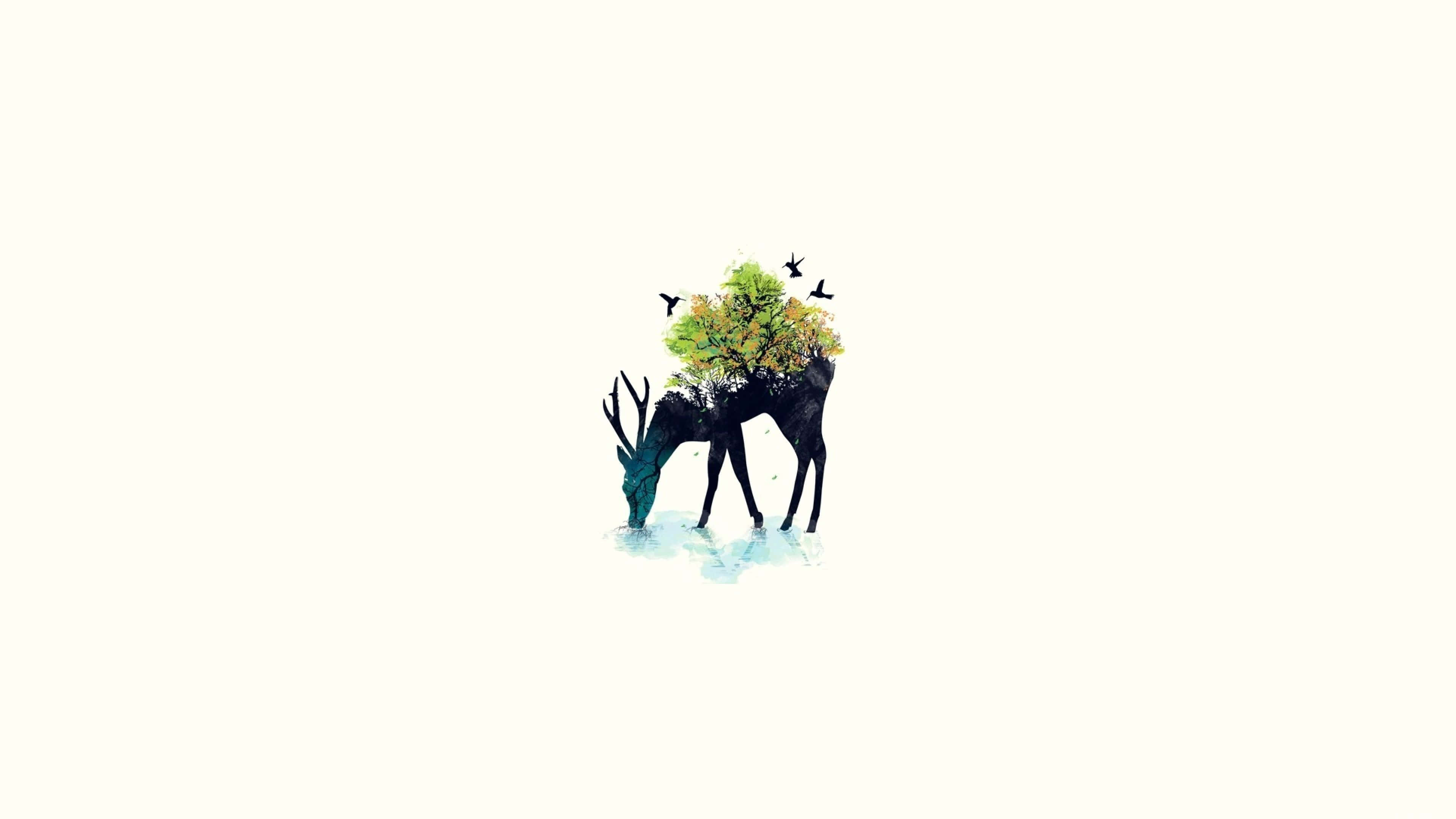 Minimalist Animal 桌布 壁紙 — 一隻風格化的鹿剪影，背上長出一棵充滿活力的樹，鳥兒在柔和的奶油色背景上飛翔。