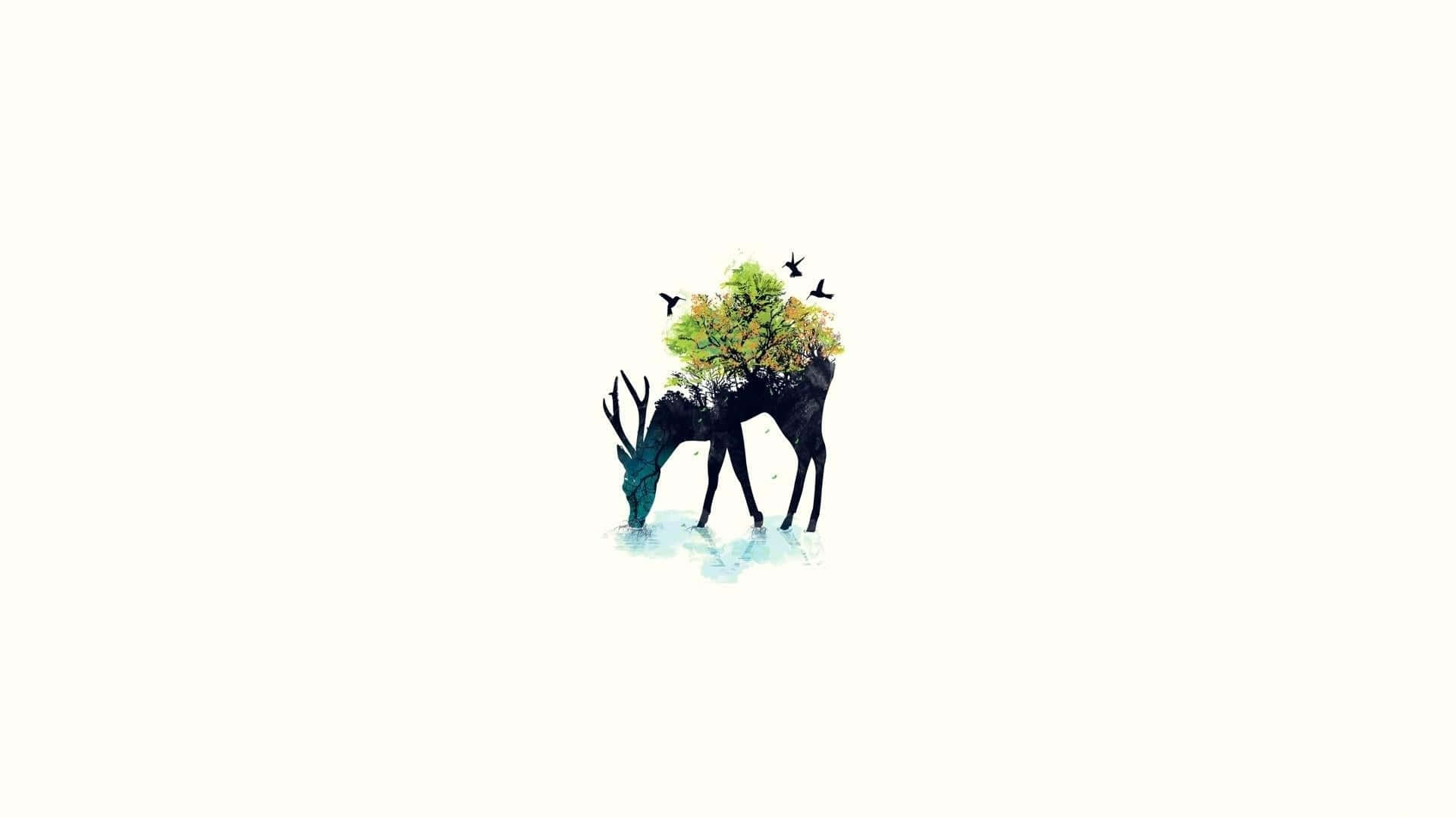 Beautiful Minimalist 桌布 壁紙 — 一隻風格化的鹿剪影，背上長出一棵充滿活力的樹，鳥兒在純白背景上飛翔。