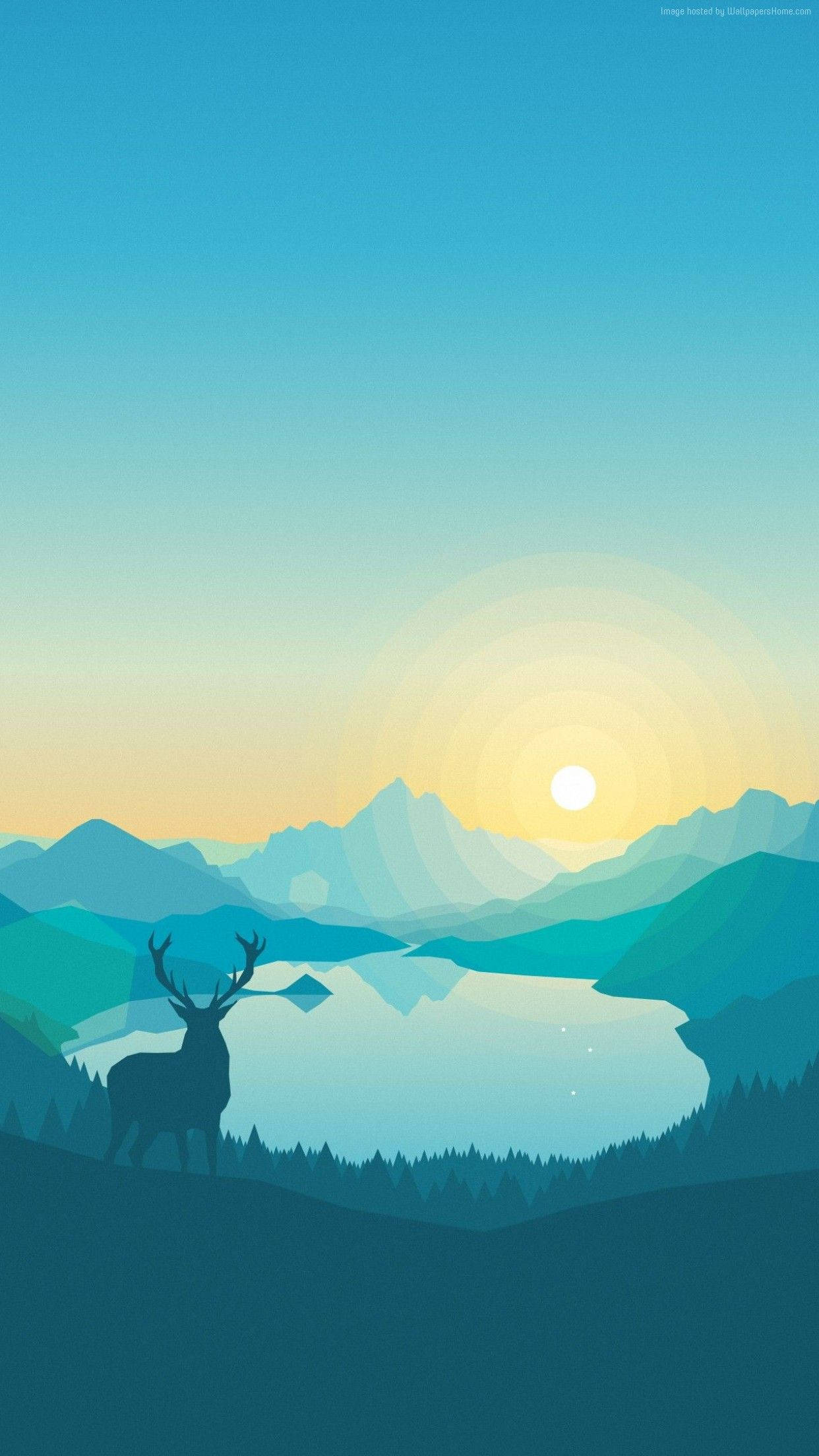 鹿 桌布 壁紙 — 一隻風格化的鹿剪影站在寧靜的湖泊前，湖泊倒映著層層疊疊的山巒，上方是漸變的日落天空。