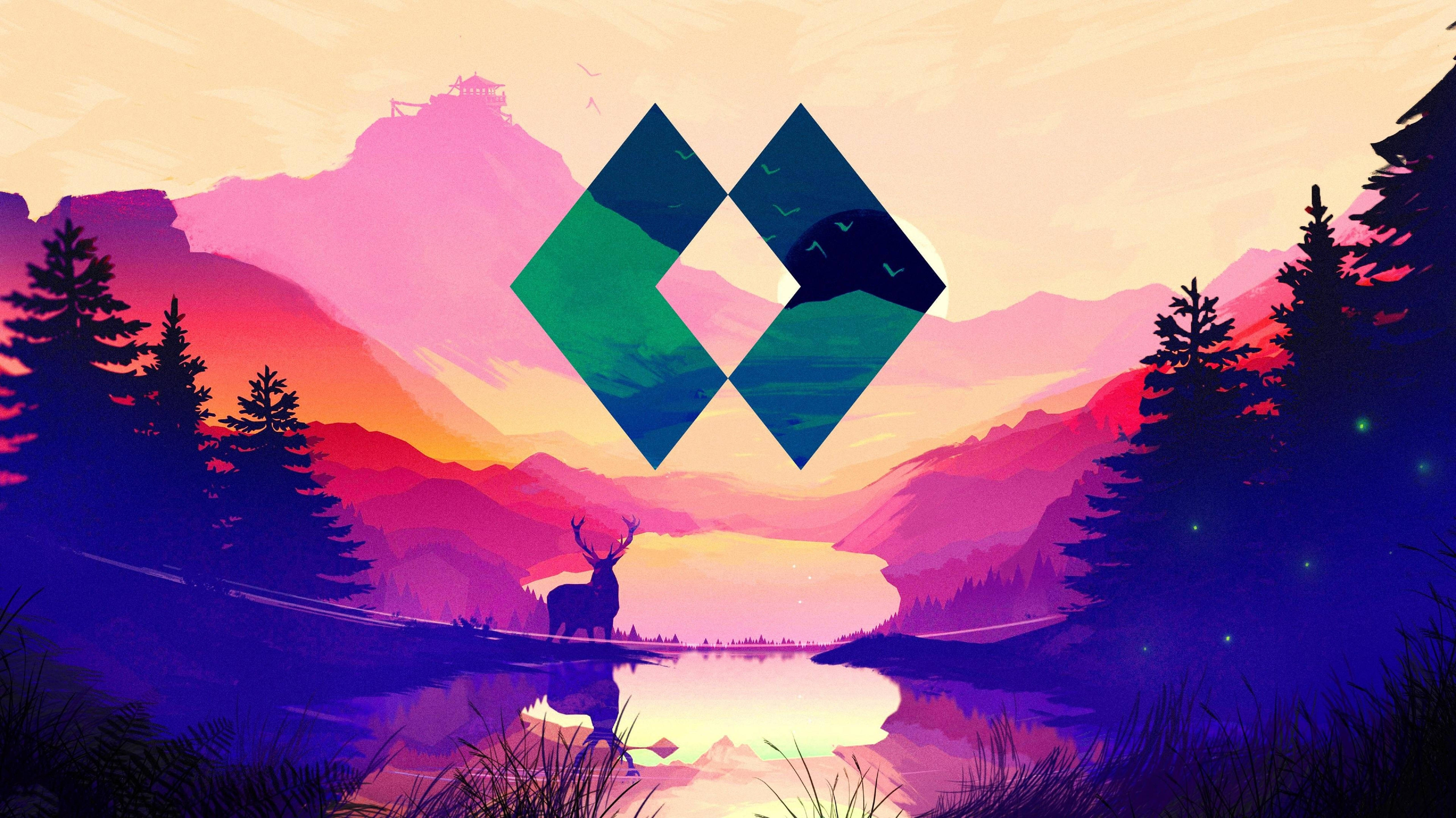 Polyscape 桌布 壁紙 — 一隻風格化的鹿站在日落時分的反射湖邊，背景有山脈和上方發光的標誌。