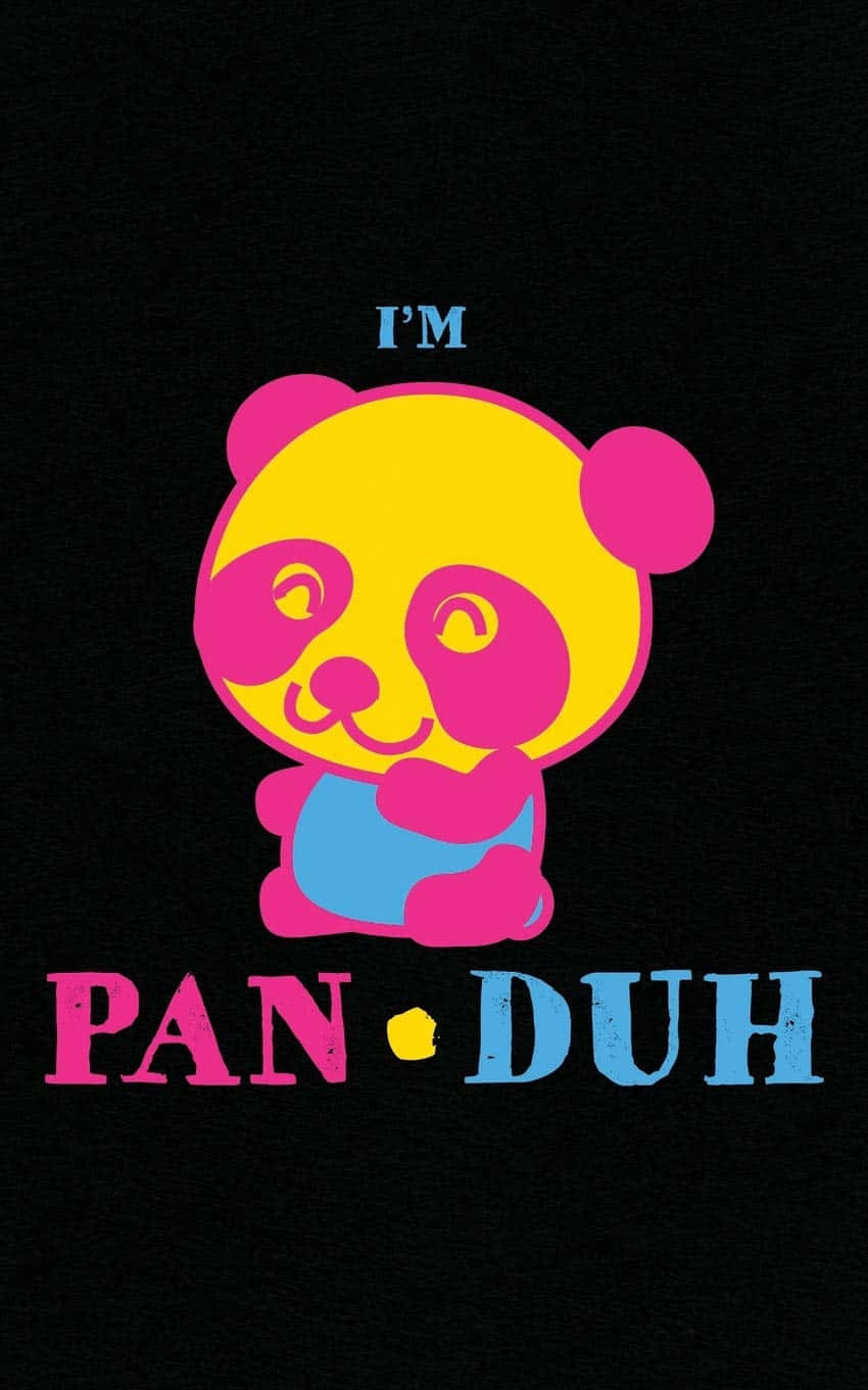Im Gay 桌布 壁紙 — 一隻風格化的黃色和粉紅色熊貓穿著藍色短褲，坐在黑色背景上，上面寫著 I'M PAN DUH。