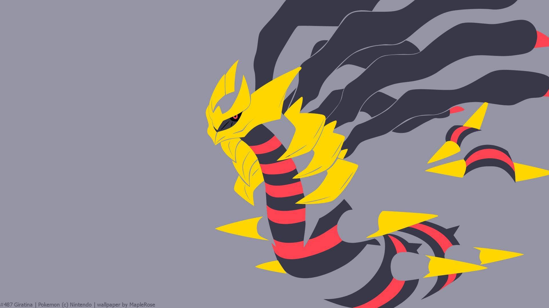Giratina 桌布 壁紙 — 一隻風格化的黃色和紅色暴鯉龍，帶有黑色鰭和尖銳的刺，在純灰色背景上動態滑行。
