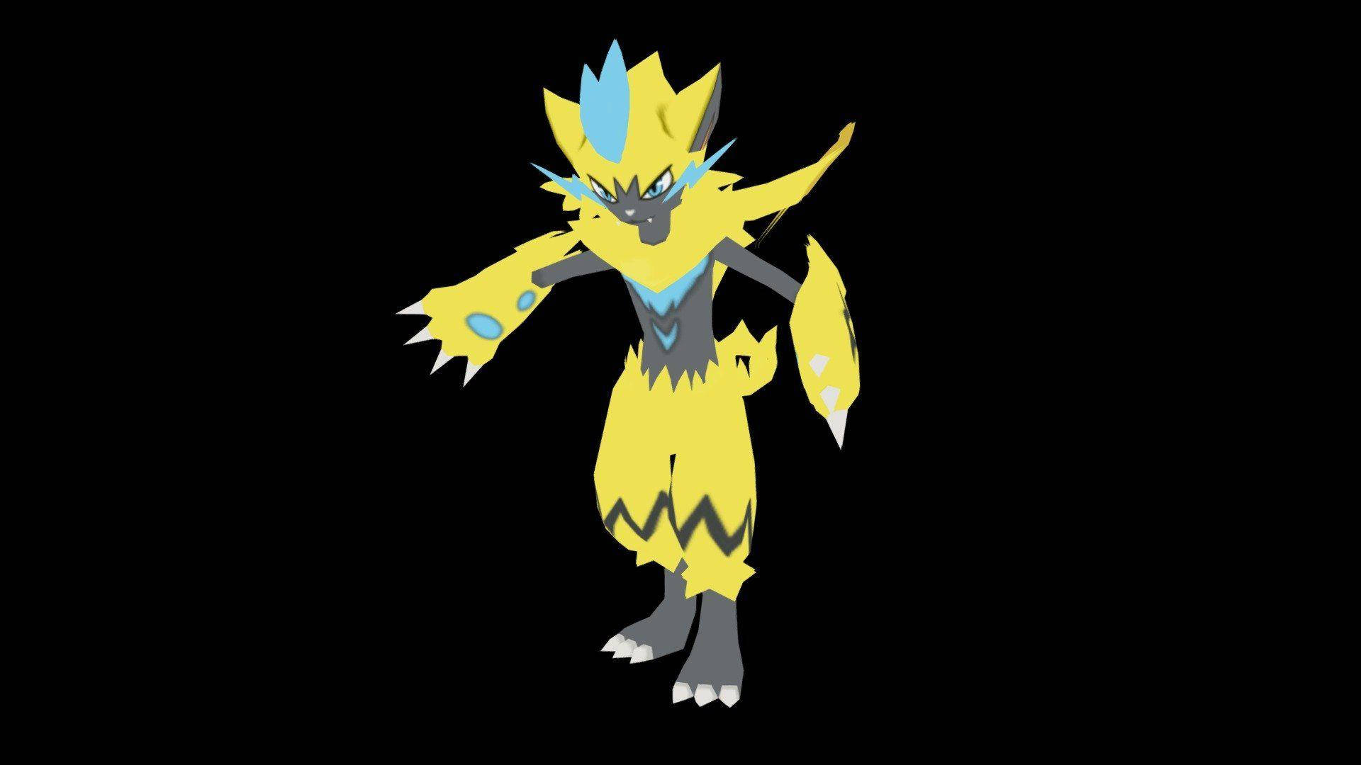 Zeraora 桌布 壁紙 — 一隻風格化的黃色和藍色電屬性寶可夢在黑色背景上動態地站立。