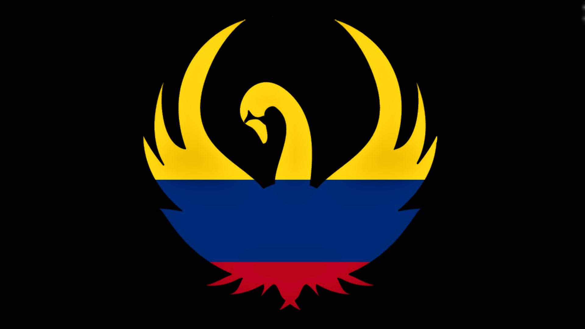 Colombia Flag 桌布 壁紙 — 一隻風格化的黃色天鵝，帶有火焰翅膀和藍紅色的身體，背景為黑色。