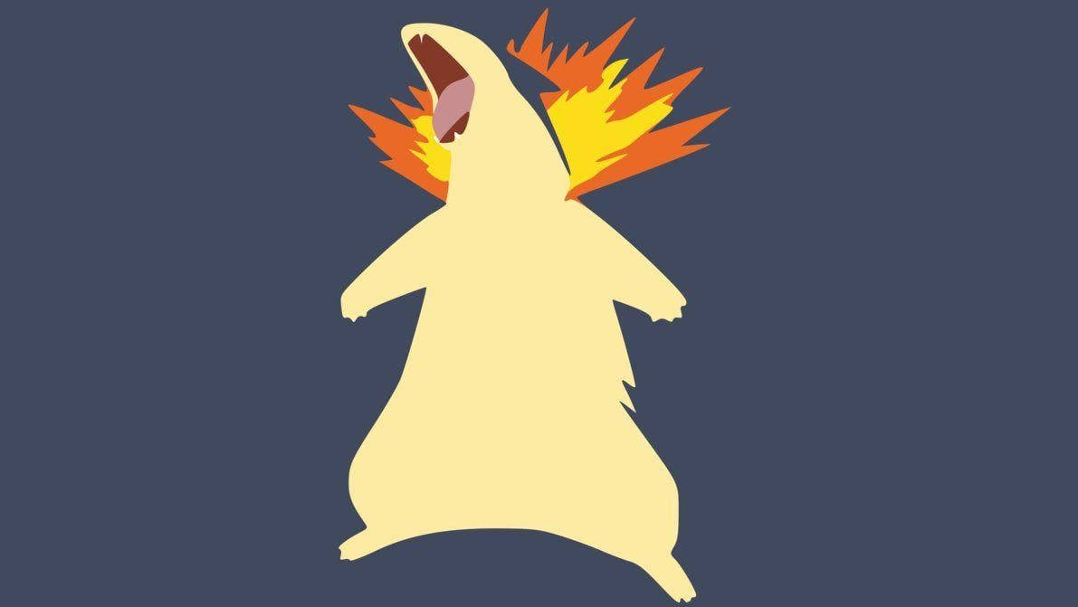 Pokemon Funny 桌布 壁紙 — 一隻風格化的黃色寶可夢，在深藍色背景上，背部噴發出熾熱的橙色和黃色火焰。