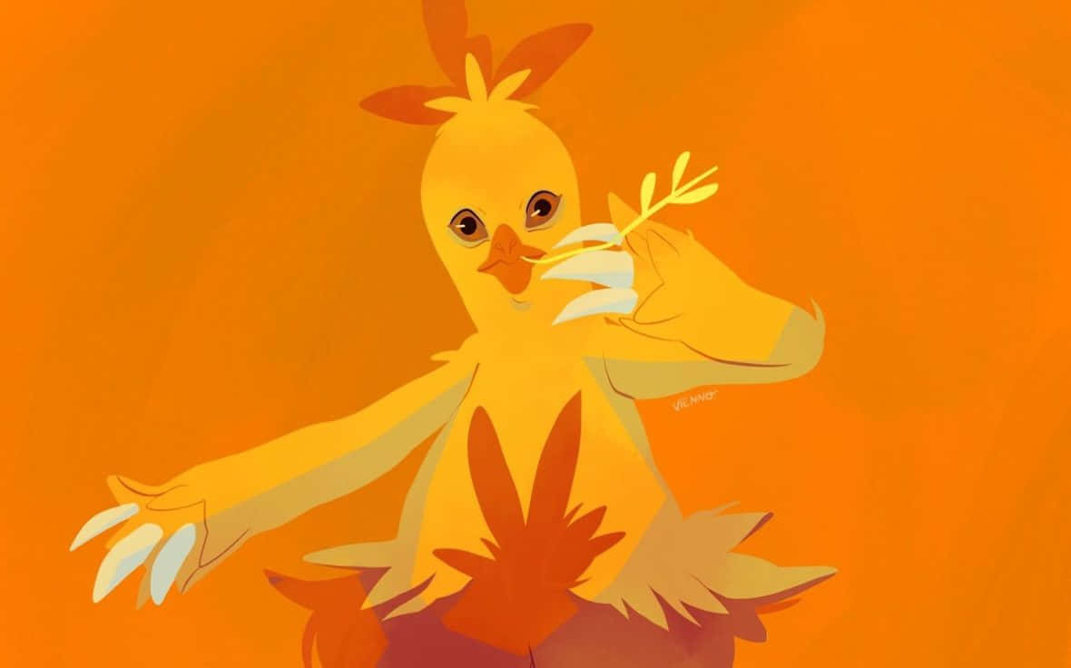 葉子 桌布 壁紙 — 一隻風格化的黃色小雞，帶有橙色羽毛，在溫暖的橙色漸變背景上拿著一枝樹葉。