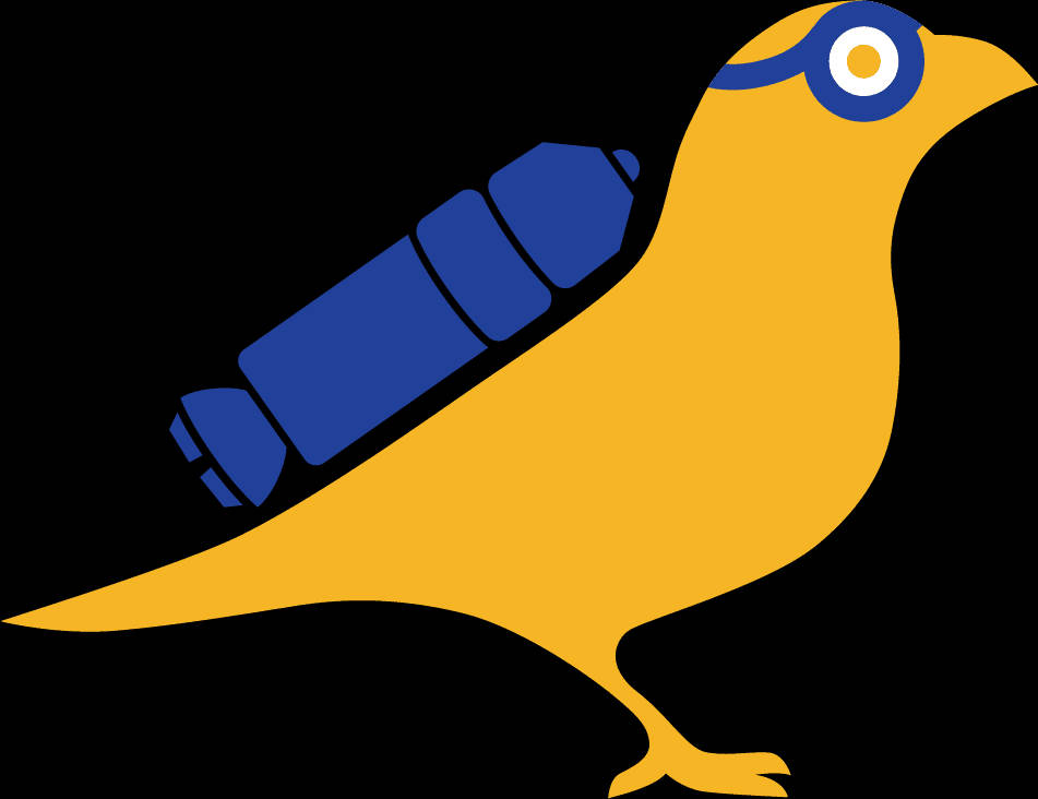 Yellow Bird 桌布 壁紙 — 一隻風格化的黃色小鳥，背上綁著藍色火箭，背景為黑色。