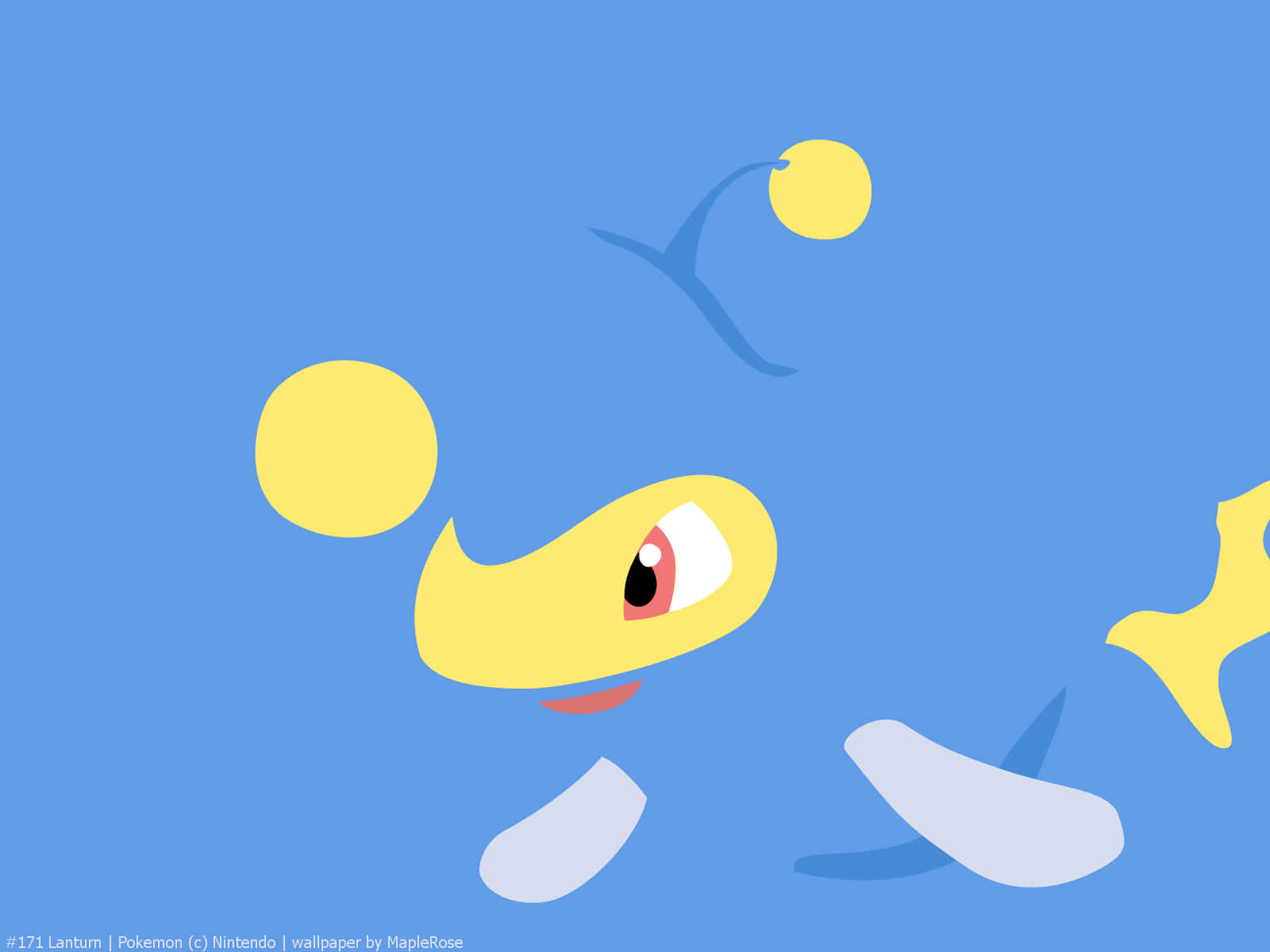Pokemon Aesthetic 桌布 壁紙 — 一隻風格化的黃色燈籠魚寶可夢在純藍色背景中嬉戲地游動，周圍有漂浮的黃色球體和白色鰭。