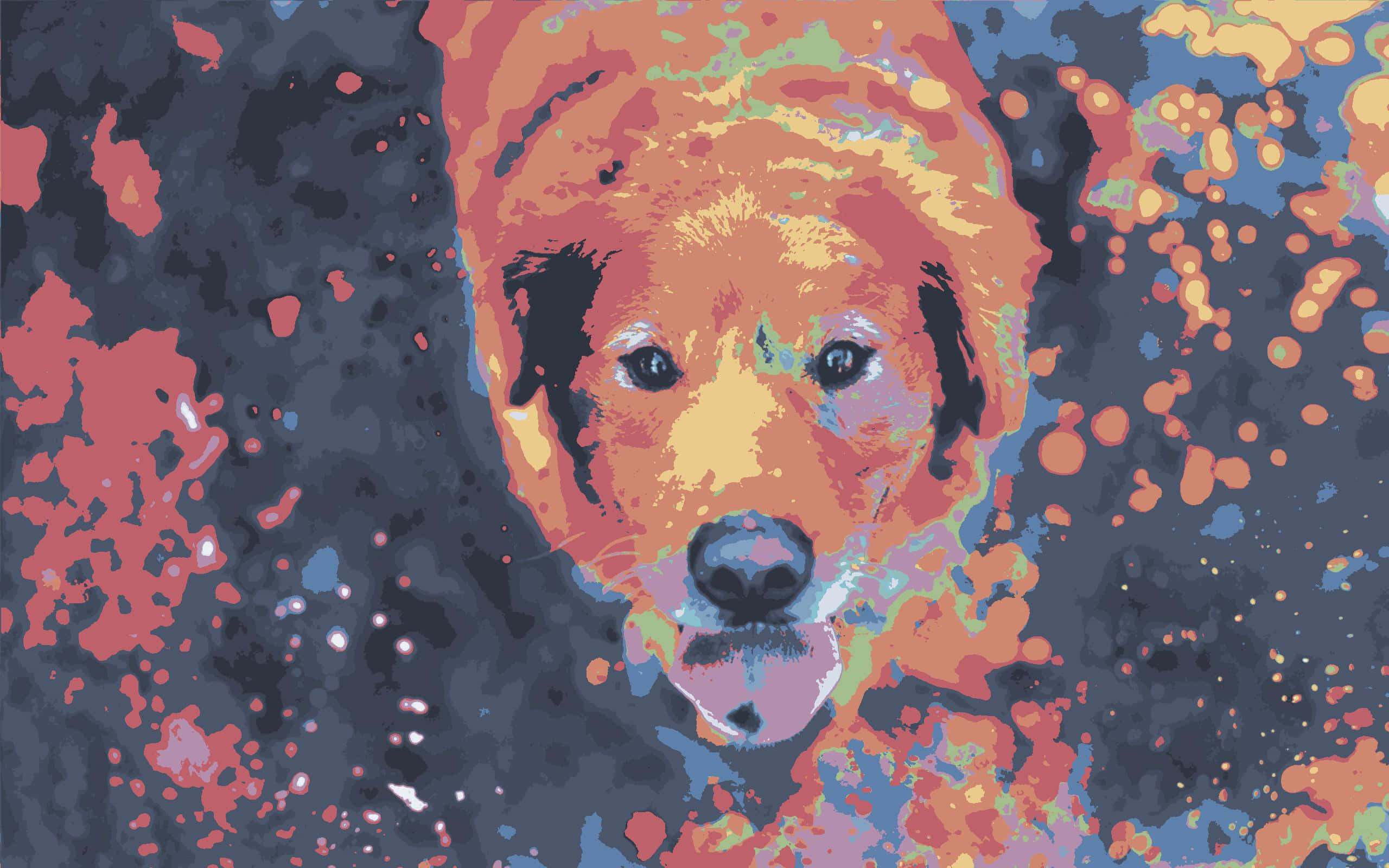 Psychedelic Animals 桌布 壁紙 — 一隻風格化的黃金獵犬的臉從充滿活力的抽象背景中浮現，背景是濺灑的橙色、粉紅色和藍色顏料。