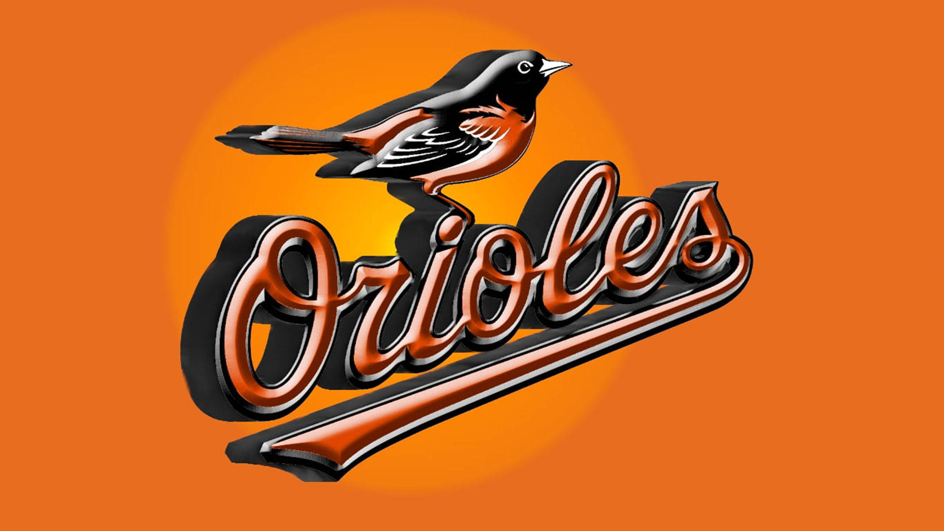 Orioles 桌布 壁紙 — 一隻風格化的黃鸝鳥棲息在醒目的3D 'Orioles'標誌上，背景是充滿活力的橙色漸變。