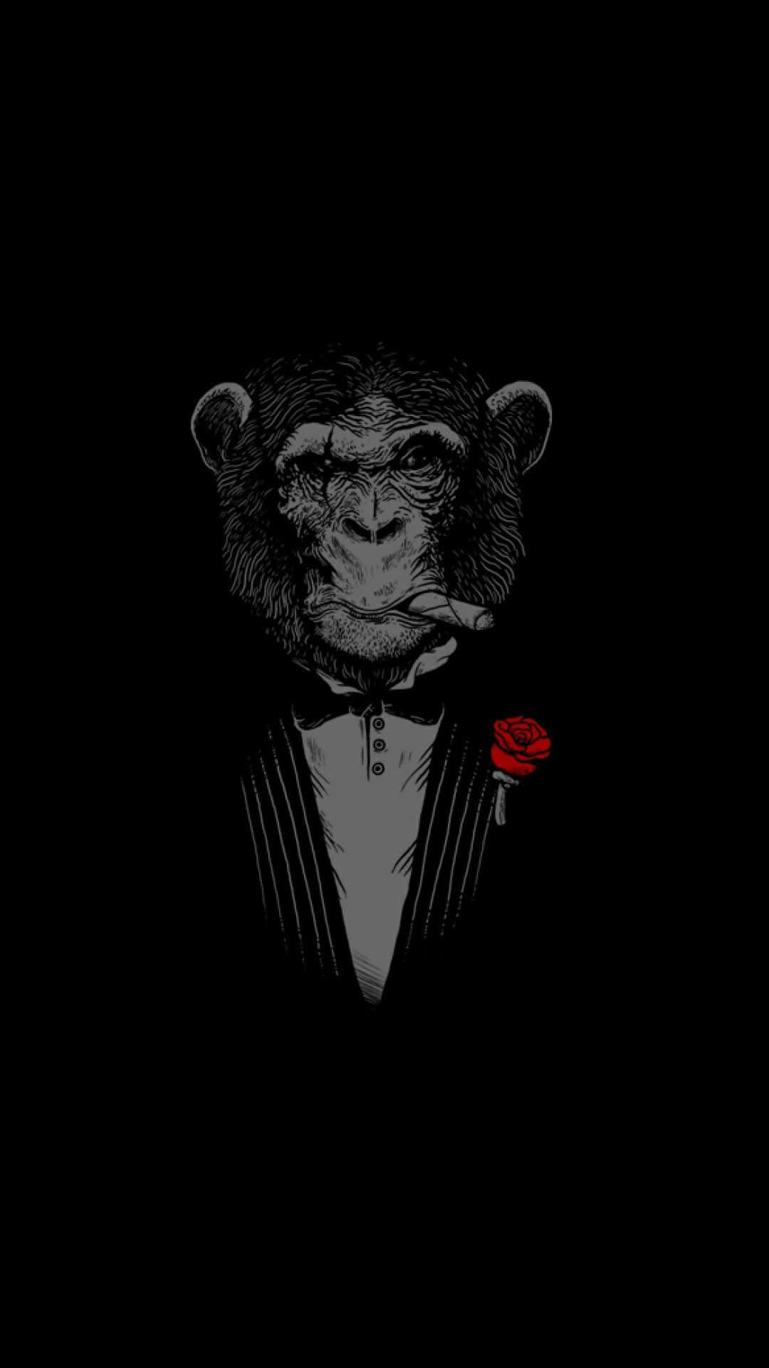 Ape 桌布 壁紙 — 一隻風格化的黑猩猩穿著燕尾服，佩戴紅玫瑰胸花，在黑色背景前抽雪茄。