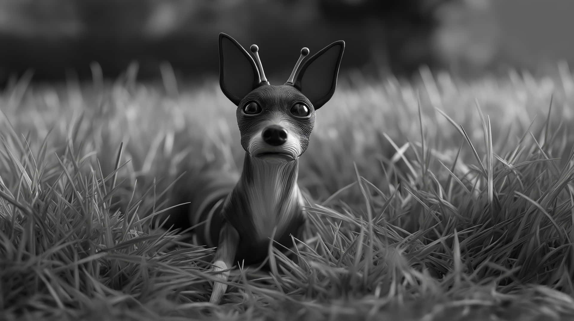 Tim Burton-esque Alien Dog Resting in Grassy Field 壁紙 — 一隻風格化的黑白吉娃娃帶有天線，在淺景深的高草叢中好奇地探出頭來。