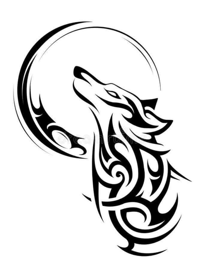 Wolf Tattoo 桌布 壁紙 — 一隻風格化的黑白部落狼對著新月背景向上嚎叫，帶有流暢的裝飾圖案。