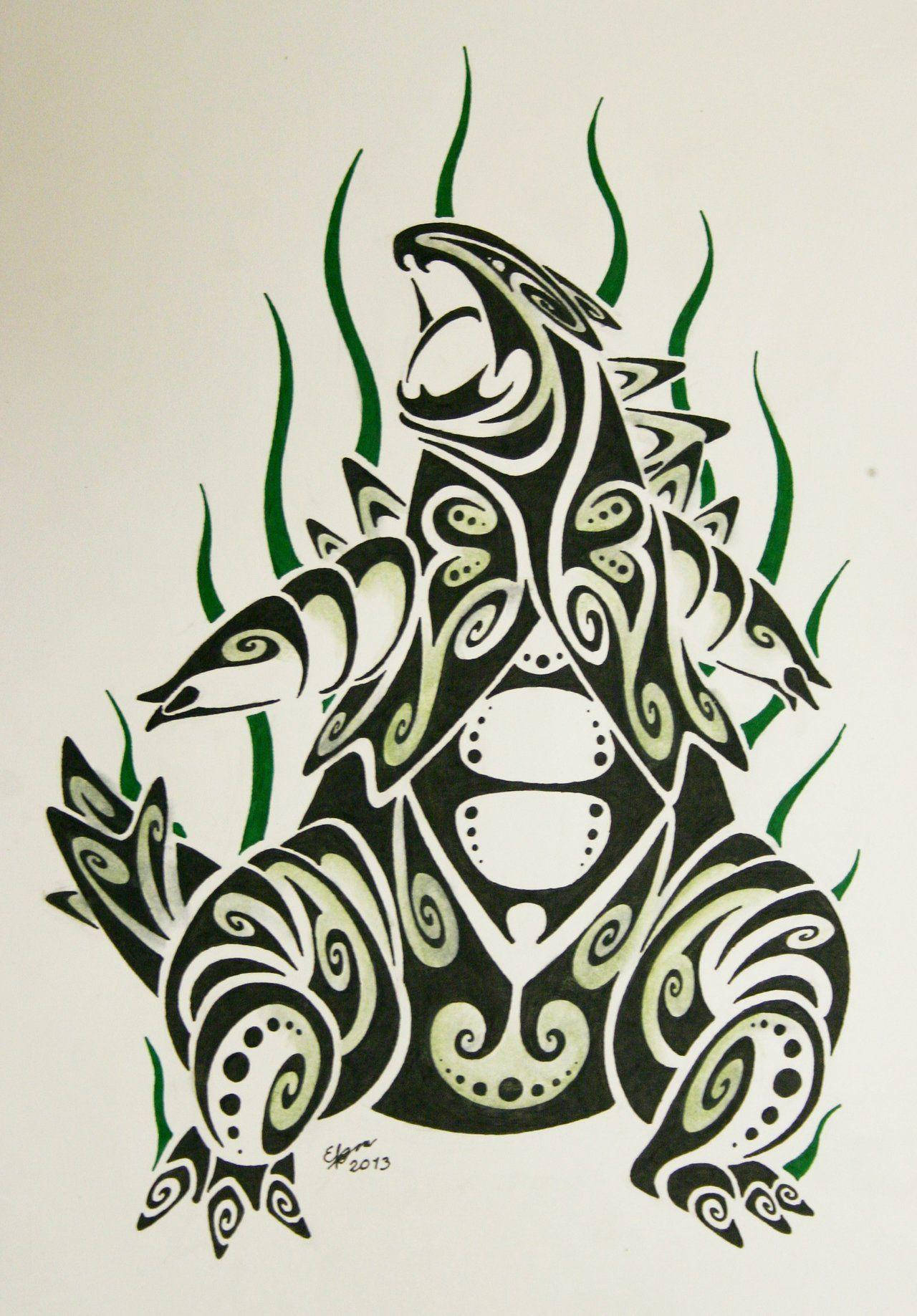 Tattoo 桌布 壁紙 — 一隻風格化的黑綠部落青蛙，帶有漩渦圖案和張開的嘴巴，被高草包圍。
