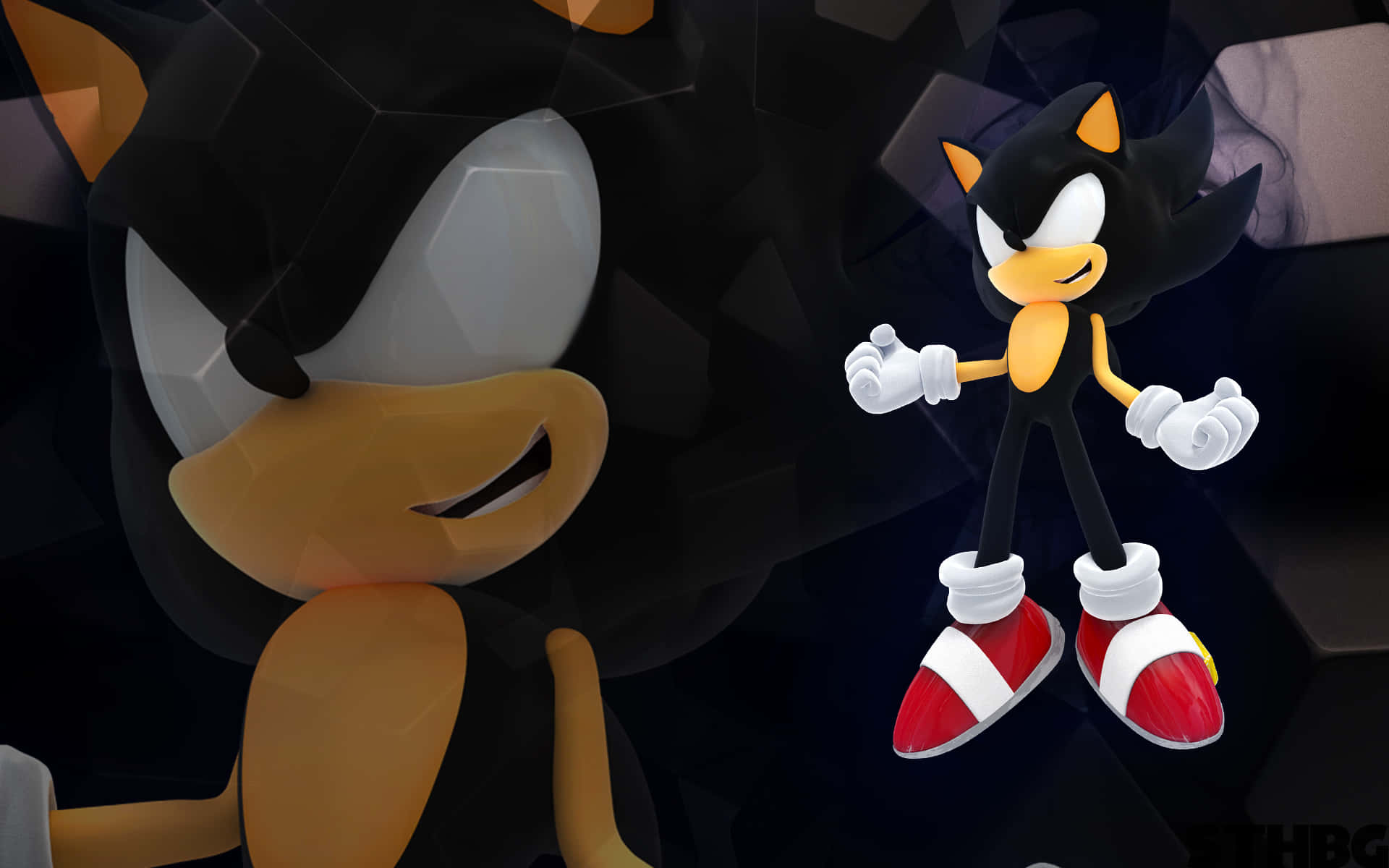 Sonic X 桌布 壁紙 — 一隻風格化的黑色刺蝟，穿著紅白相間的鞋子，自信地站在深色幾何背景前。