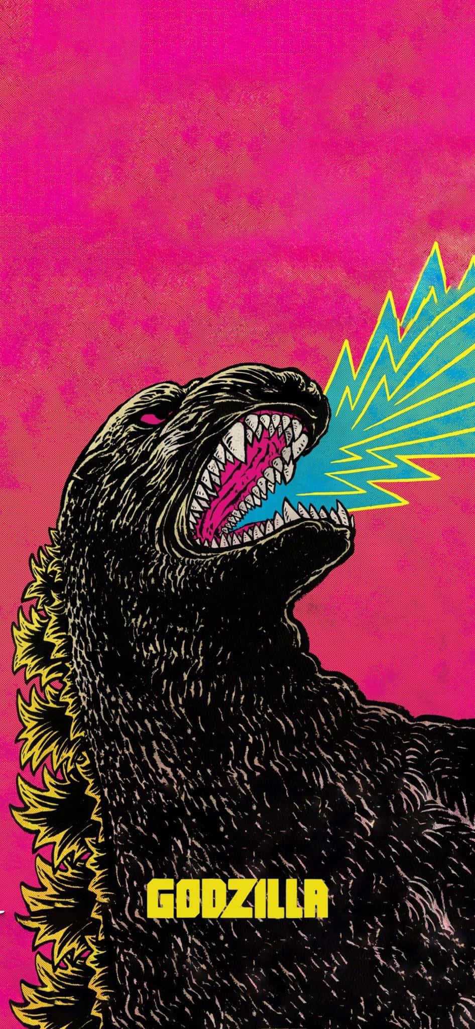 Godzilla Art 桌布 壁紙 — 一隻風格化的黑色哥吉拉在充滿活力的粉紅色背景上咆哮，噴射出鋸齒狀的藍色和黃色原子吐息。