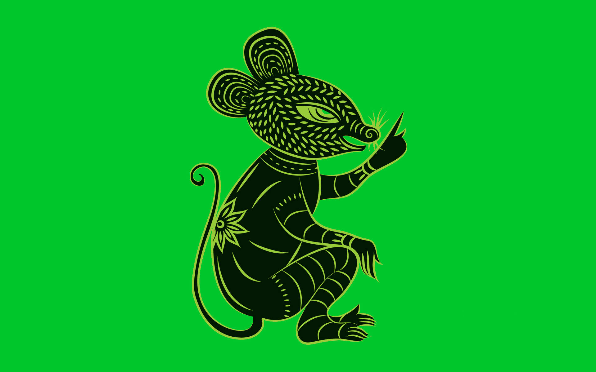 Rat 桌布 壁紙 — 一隻風格化的黑色老鼠，帶有複雜圖案，坐在充滿活力的綠色背景前，手持發光的火花。