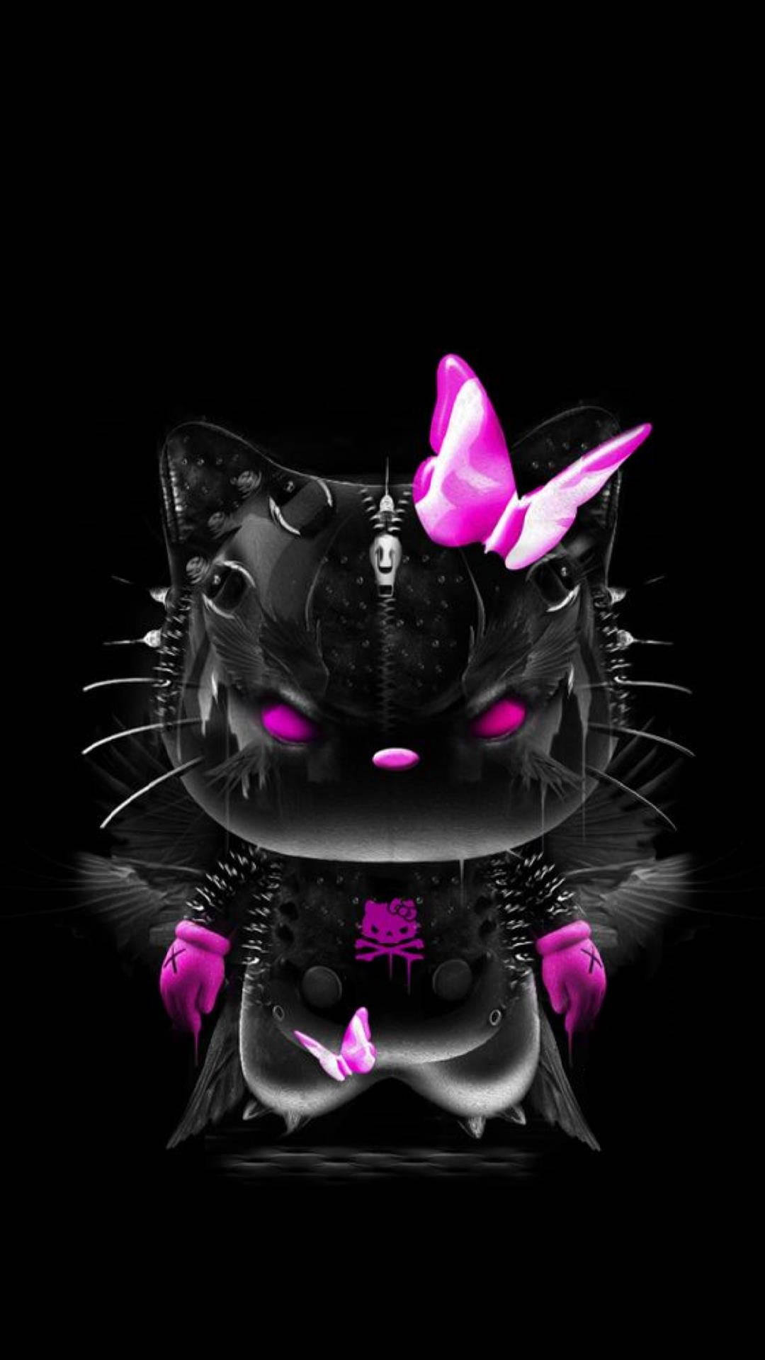 Kitty 桌布 壁紙 — 一隻風格化的黑貓，帶有發光的粉紅色眼睛和蝴蝶，背景為深色。