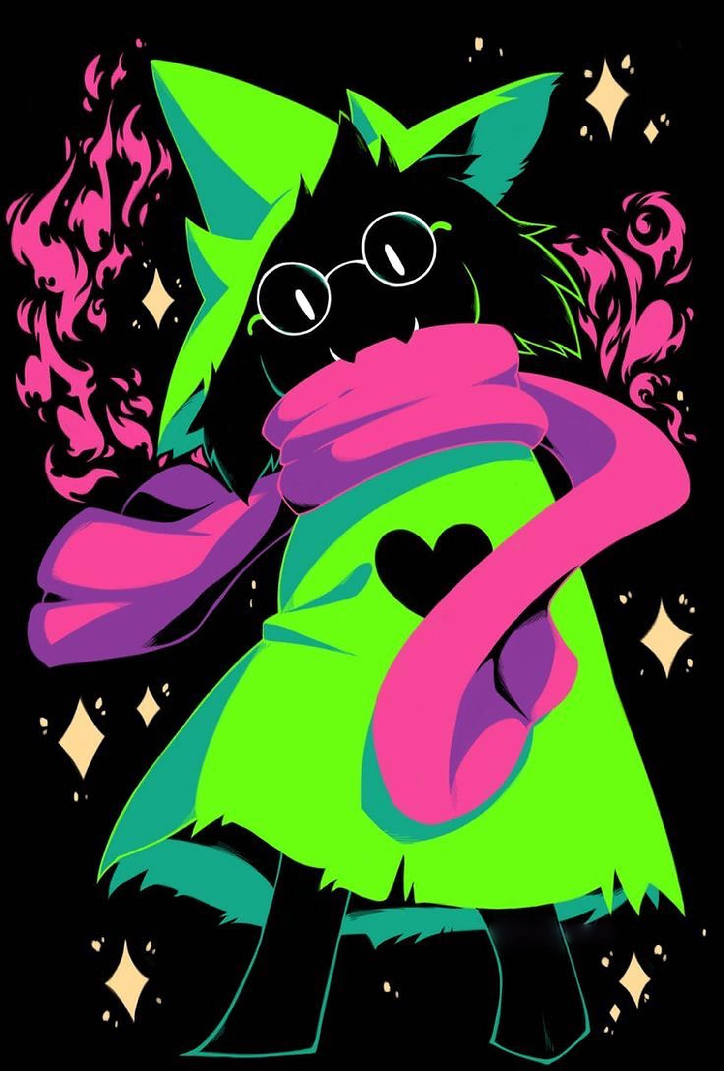 Ralsei 桌布 壁紙 — 一隻風格化的黑貓，有綠色耳朵和眼鏡，穿著帶有心形的螢光綠色連衣裙和粉紅色圍巾，背景為黑色，帶有粉紅色火焰和金色星星。