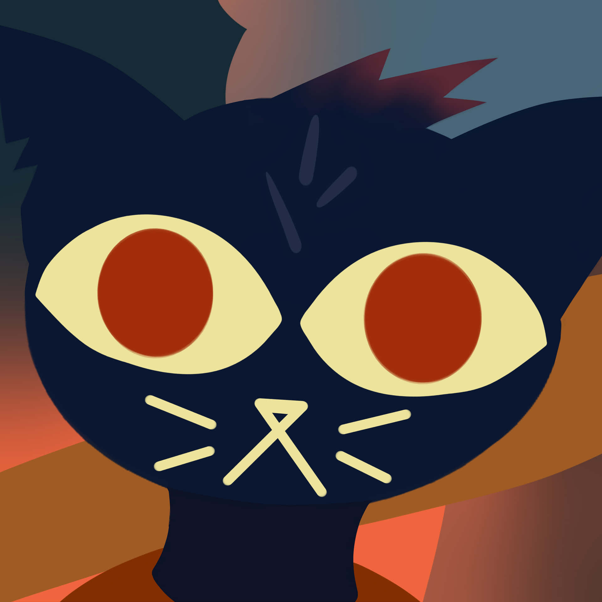 Night In The Woods 桌布 壁紙 — 一隻風格化的黑貓，有著大大的琥珀色眼睛和奶油色鬍鬚，在溫暖的漸變背景前凝視著。