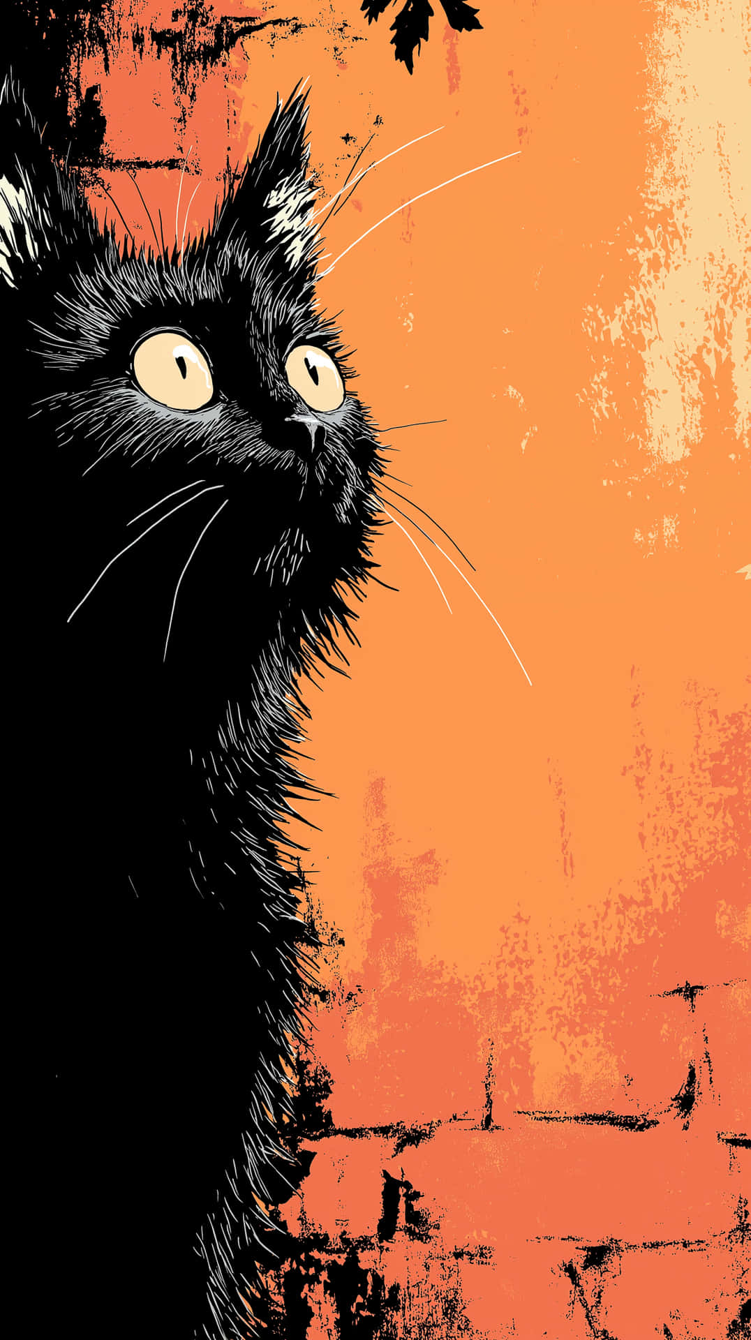 Curious Black Cat with Bright Eyes on a Textured Wall 壁紙 — 一隻風格化的黑貓，有著發光的黃色眼睛，向上凝視著帶有紋理的橙色背景。