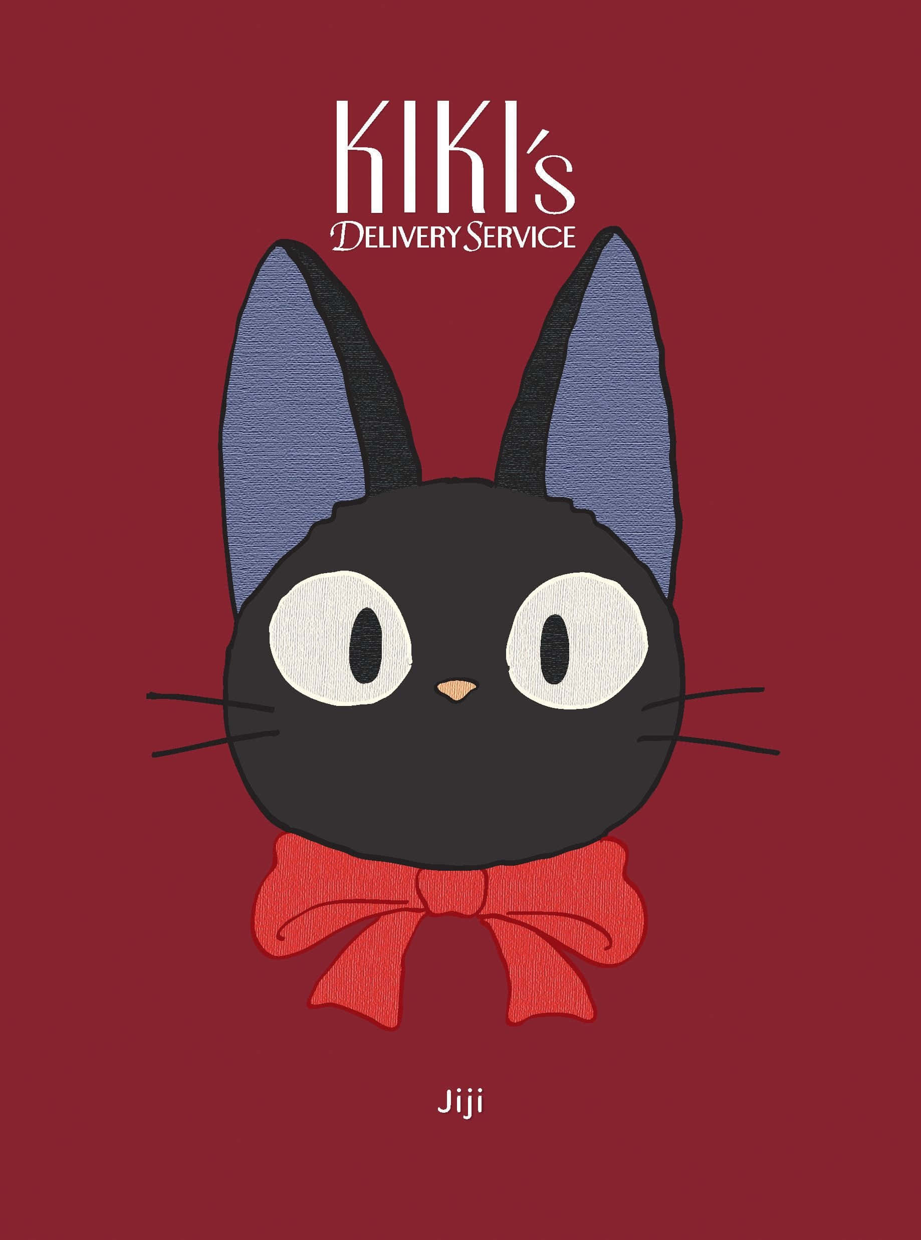 Jiji Cat 桌布 壁紙 — 一隻風格化的黑貓，有著白色大眼睛和紅色蝴蝶結，在深紅色背景上帶有文字。