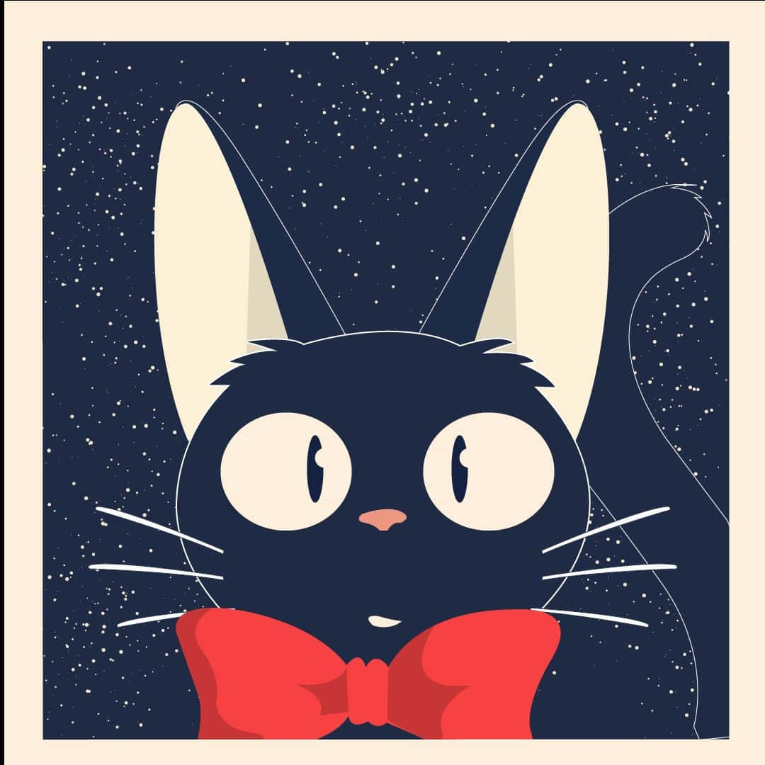 Jiji Cat 桌布 壁紙 — 一隻風格化的黑貓，有著白色大眼睛和紅色蝴蝶結，凝視著繁星點點的夜空。