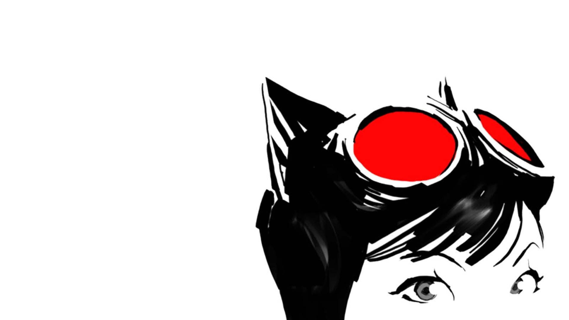 Catwoman 桌布 壁紙 — 一隻風格化的黑貓戴著紅色護目鏡，從右側窺視，背景為純白色。