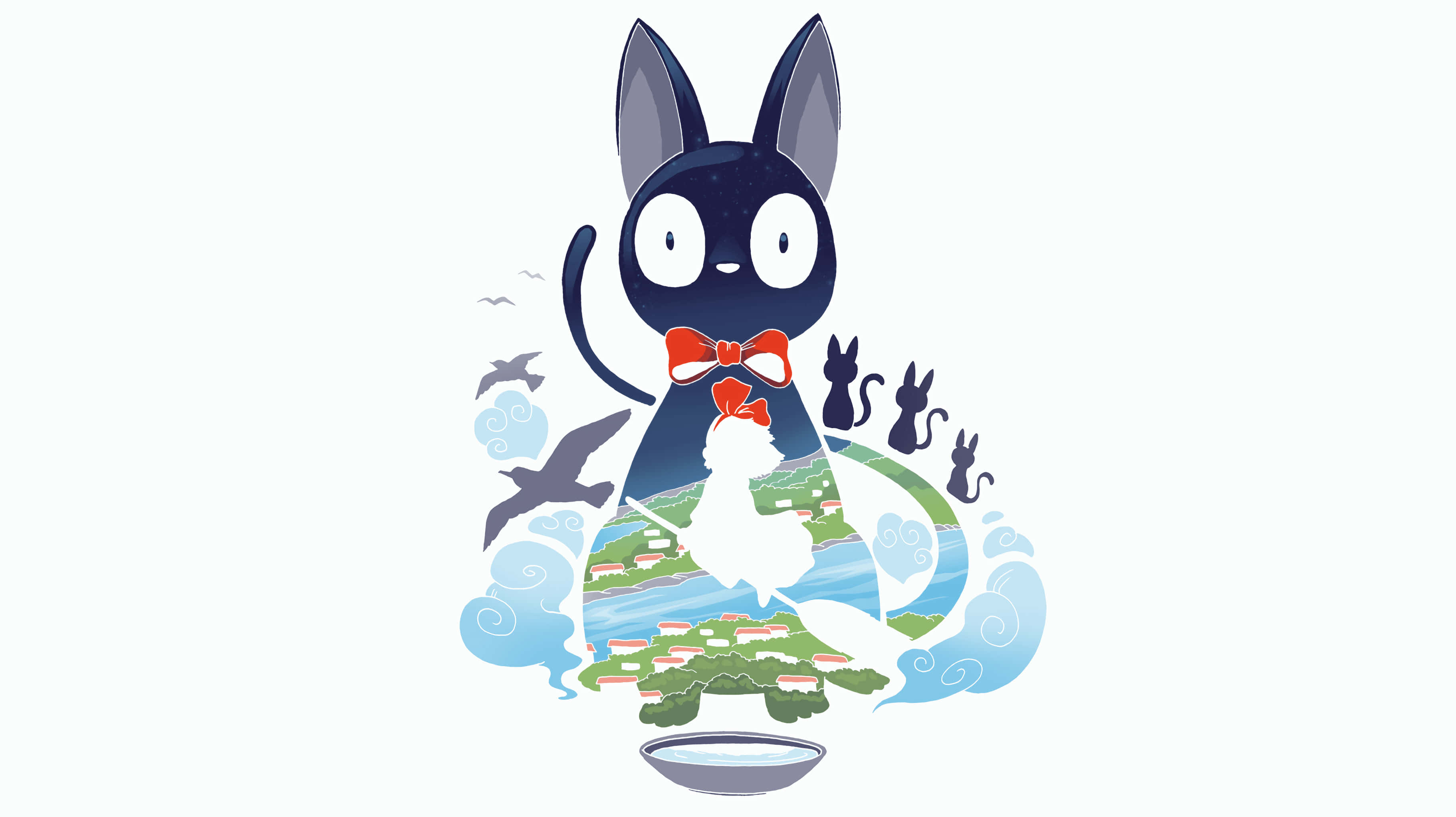 Jiji Cat 桌布 壁紙 — 一隻風格化的黑貓繫著紅色蝴蝶結，捧著一個碗，其身體下方是旋轉的村莊景觀。