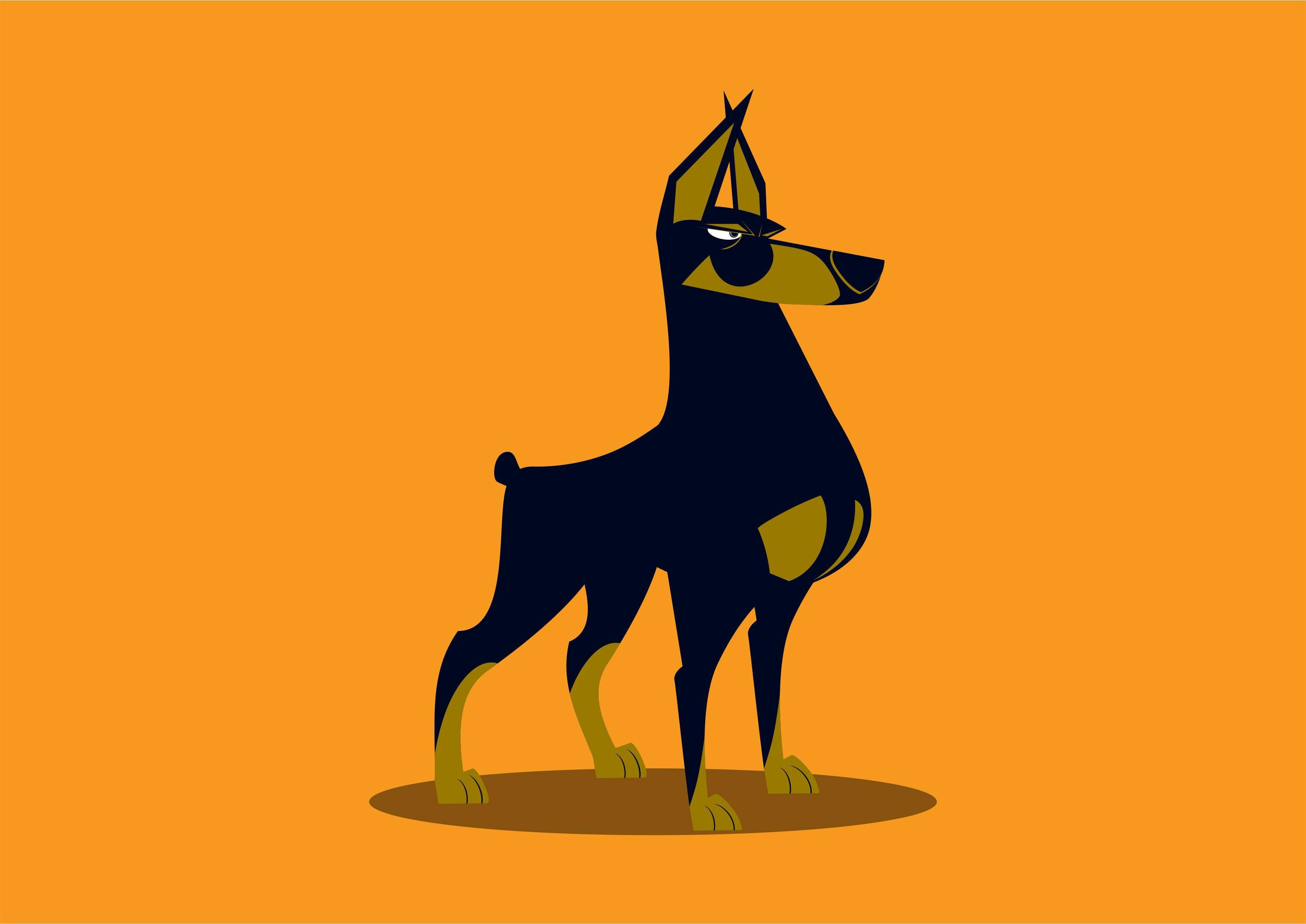 Dog Art 桌布 壁紙 — 一隻風格化的黑金色杜賓犬在純橙色背景上警覺地站立，帶有微妙的陰影。