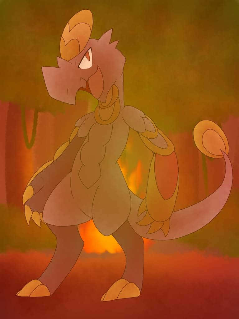 Pokemon Aesthetic 桌布 壁紙 — 一隻風格化的龍，擁有橙色角和發光的眼睛，站在夕陽下的火熱森林中。