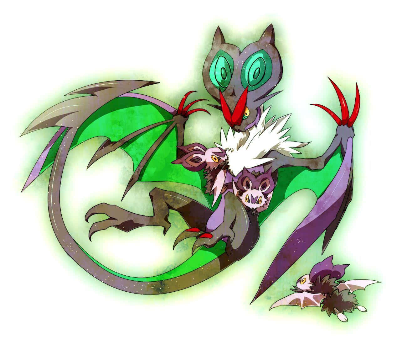 寶可夢 桌布 壁紙 — 一隻風格化的龍，擁有發光的綠色眼睛和紫色翅膀，在柔和發光的背景上攜帶著兩隻小型蝙蝠狀生物。