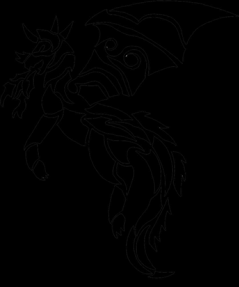 Tattoo 桌布 壁紙 — 一隻風格化的龍的鮮明黑白線條藝術剪影，帶有蝙蝠般的翅膀和華麗圖案。