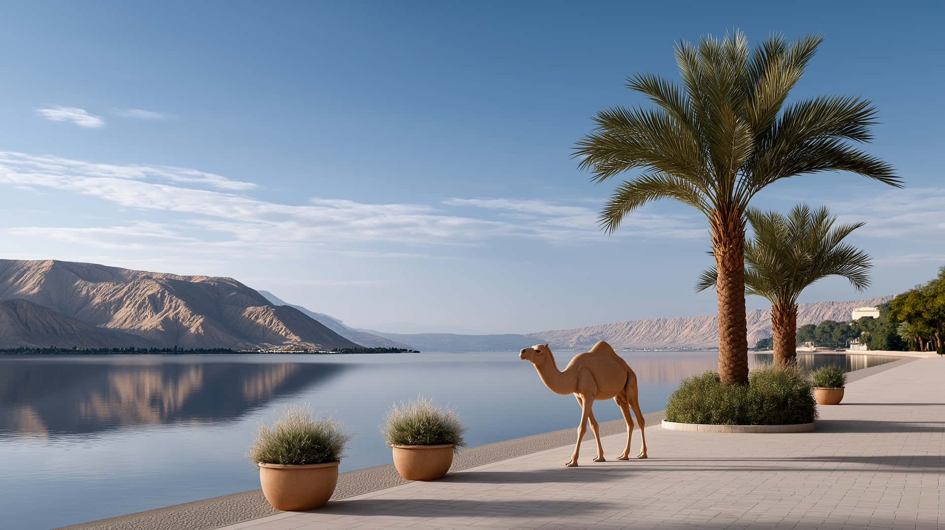 Lone Camel by Desert Oasis Pool at Golden Hour Serenity 壁紙 — 一隻駱駝沿著鋪砌的海濱小徑行走，旁邊有盆栽植物和棕櫚樹，平靜的水面和遠處的山脈在清澈的藍天下。