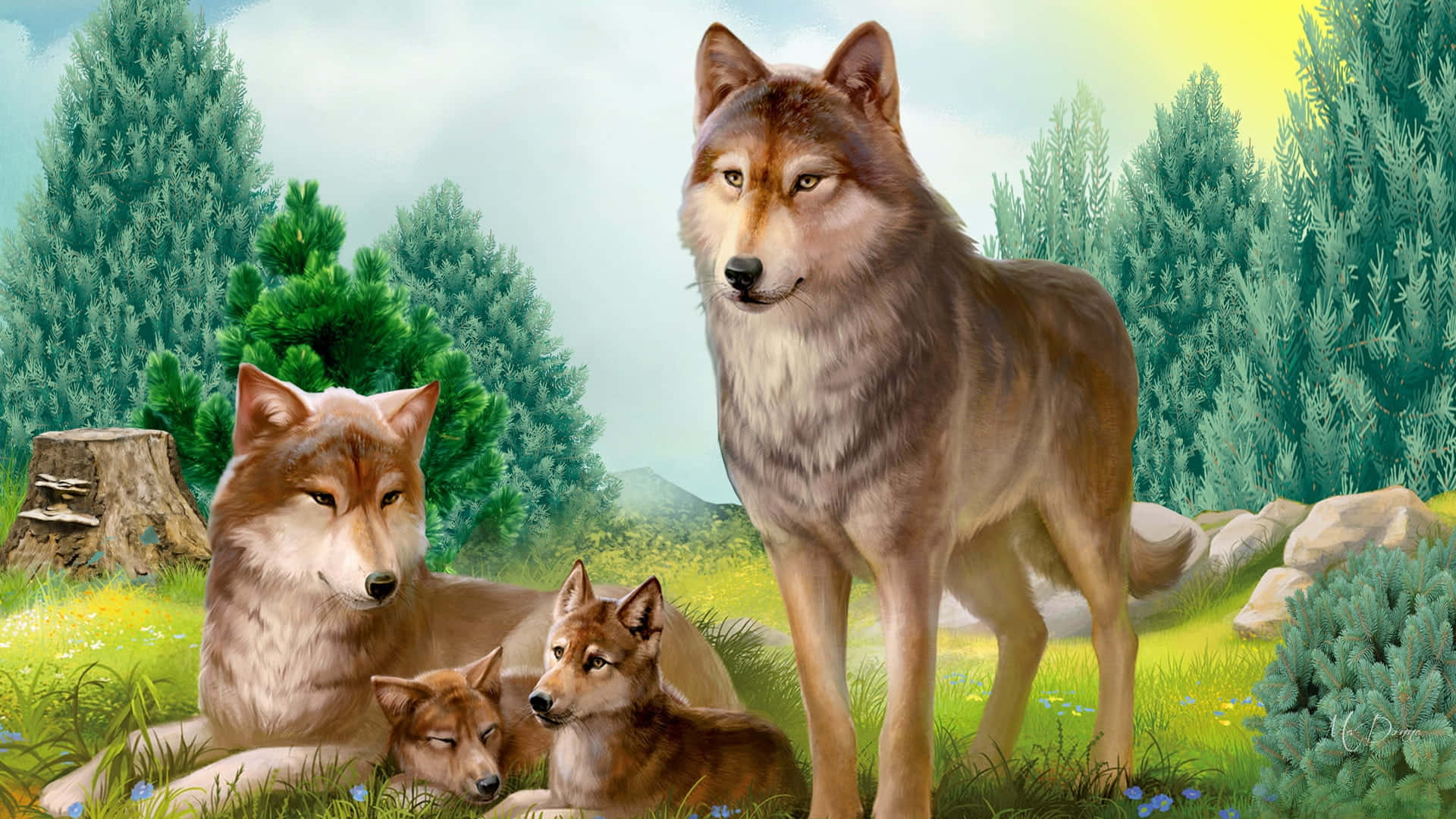 Wolf In Summer 桌布 壁紙 — 一隻驕傲的成年狼在陽光明媚的草地上守護著兩隻幼狼，周圍環繞著常青樹和野花。